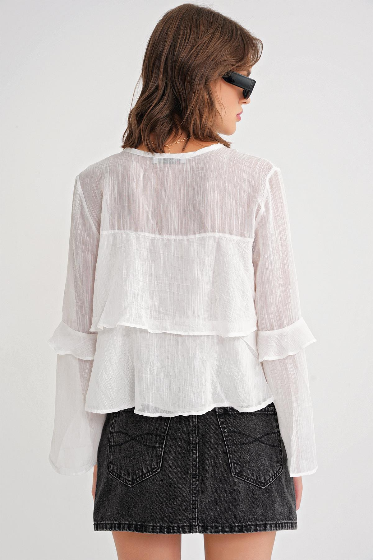 4735 Kadın Uzun Kollu Fırfırlı Bağlamalı Bluz Beyaz