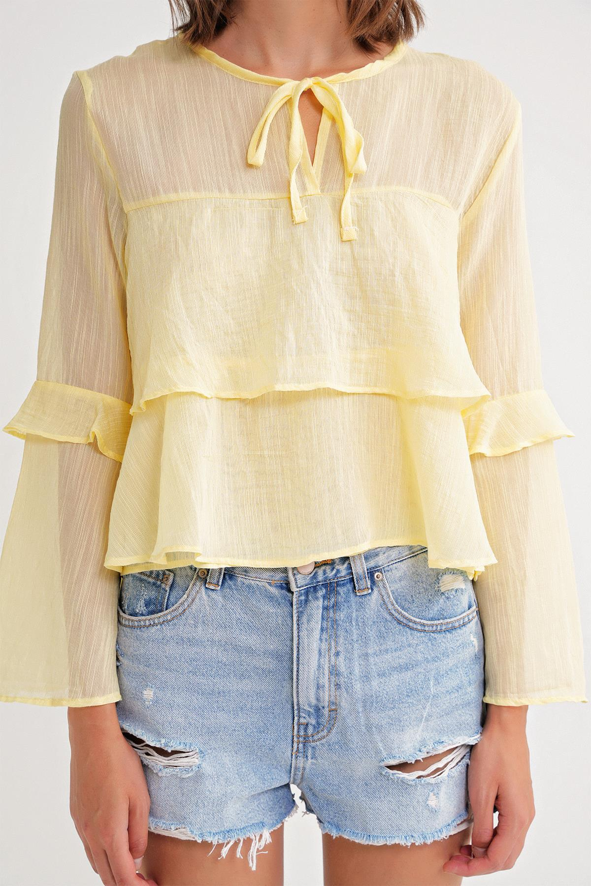 4735 Kadın Uzun Kollu Fırfırlı Bağlamalı Bluz Sarı