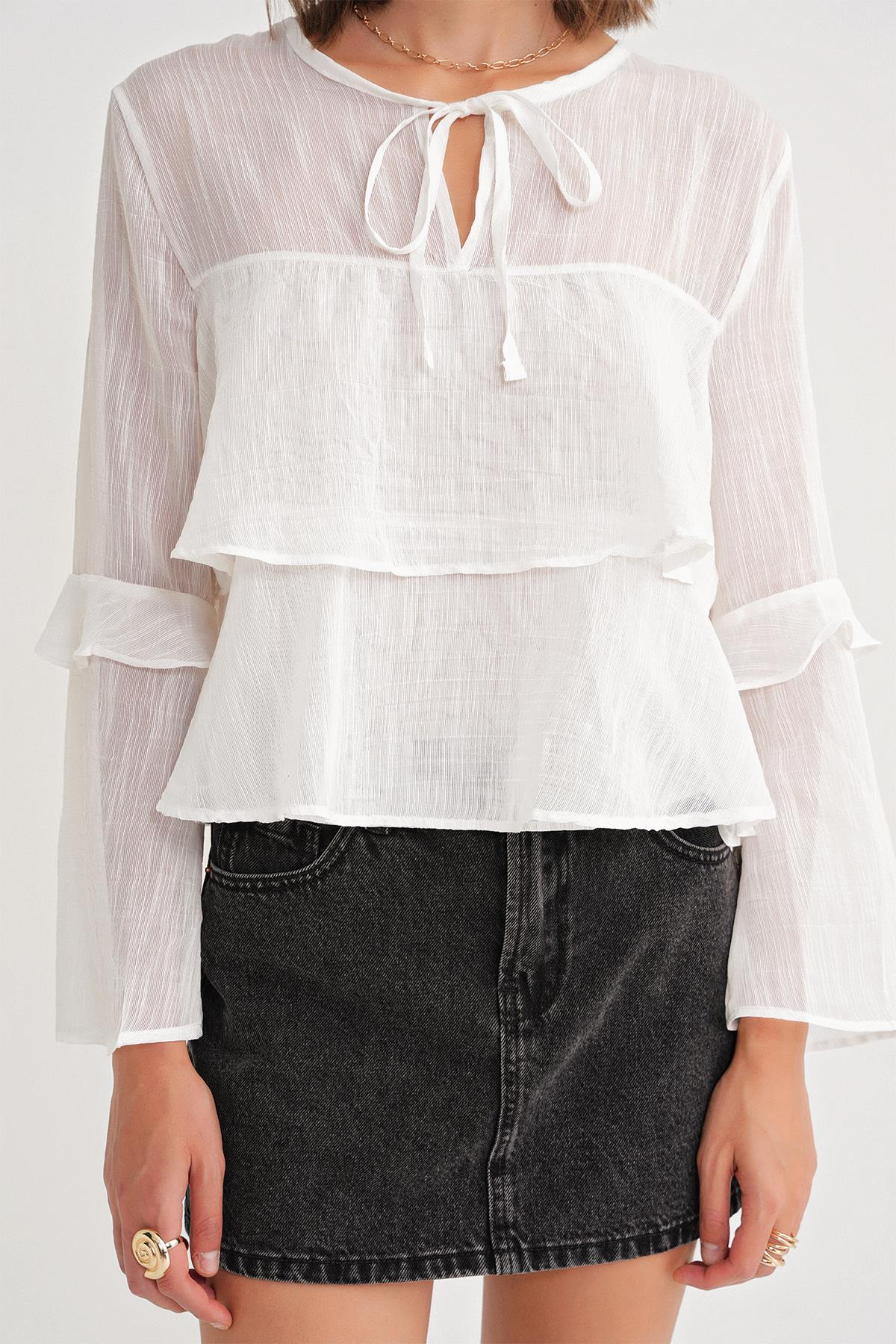4735 Kadın Uzun Kollu Fırfırlı Bağlamalı Bluz Beyaz