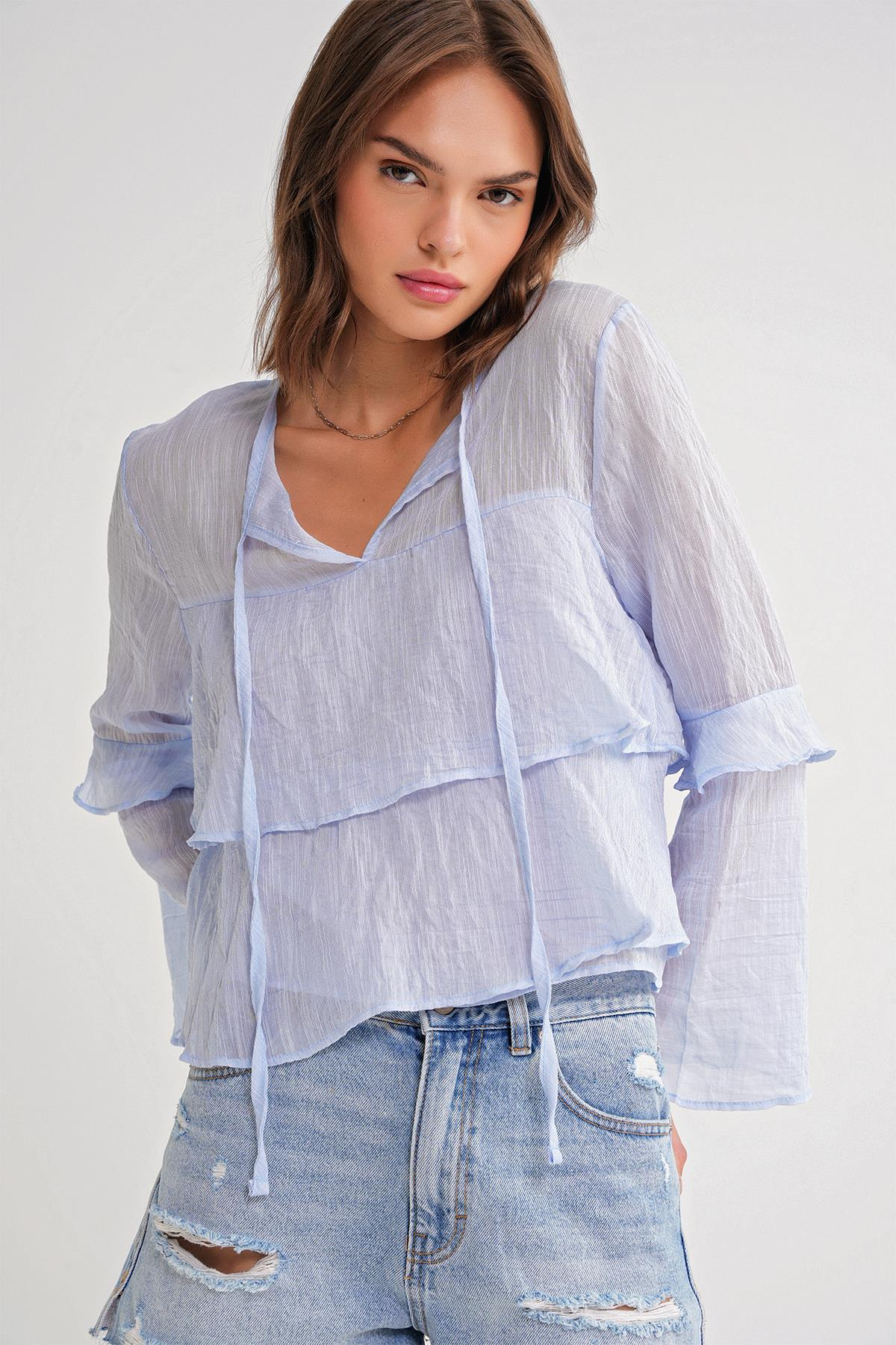 4735 Kadın Uzun Kollu Fırfırlı Bağlamalı Bluz Bebe Mavi