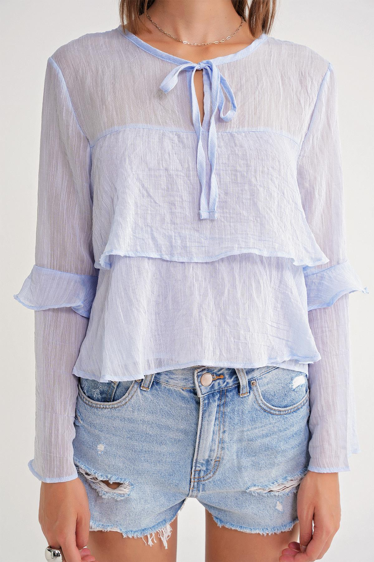 4735 Kadın Uzun Kollu Fırfırlı Bağlamalı Bluz Bebe Mavi