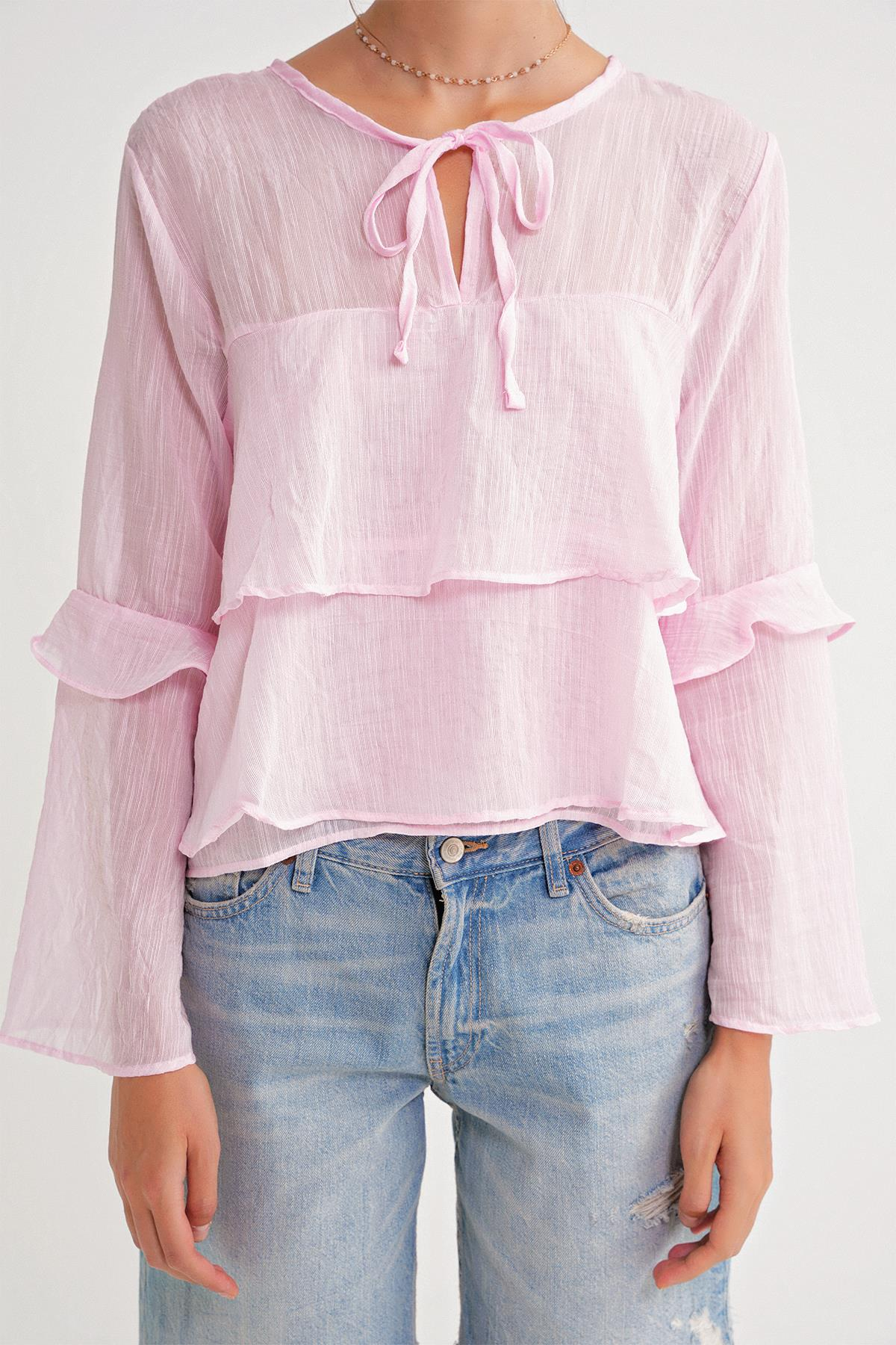 4735 Kadın Uzun Kollu Fırfırlı Bağlamalı Bluz Pembe
