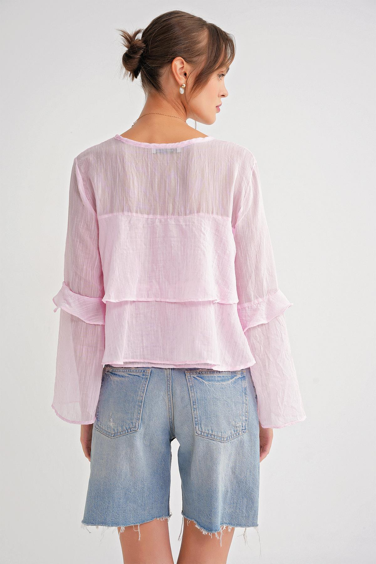 4735 Kadın Uzun Kollu Fırfırlı Bağlamalı Bluz Pembe