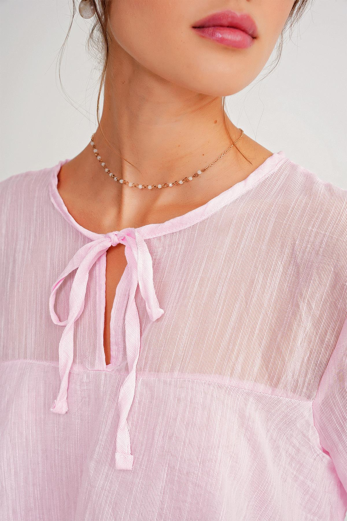 4735 Kadın Uzun Kollu Fırfırlı Bağlamalı Bluz Pembe