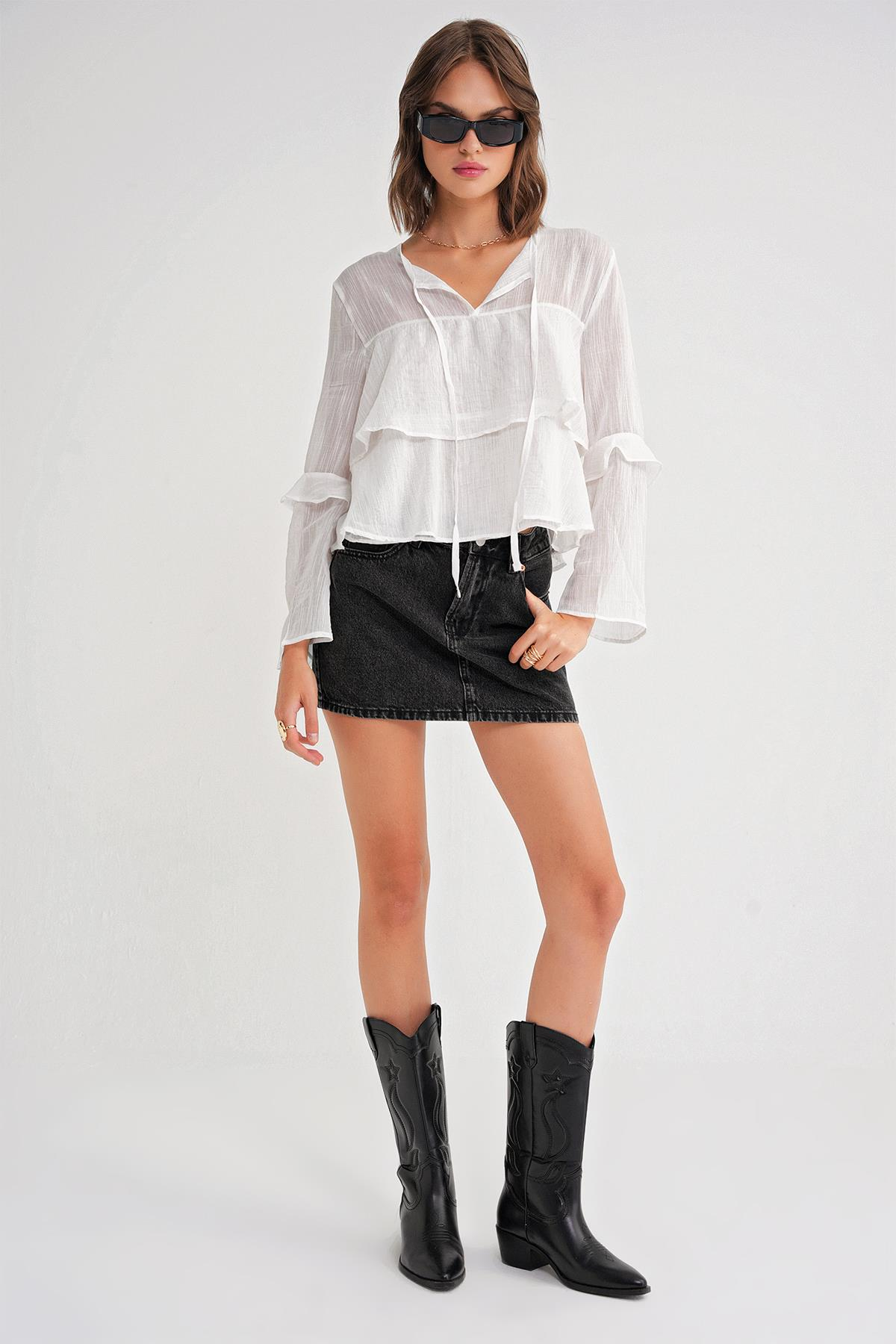 4735 Kadın Uzun Kollu Fırfırlı Bağlamalı Bluz Beyaz