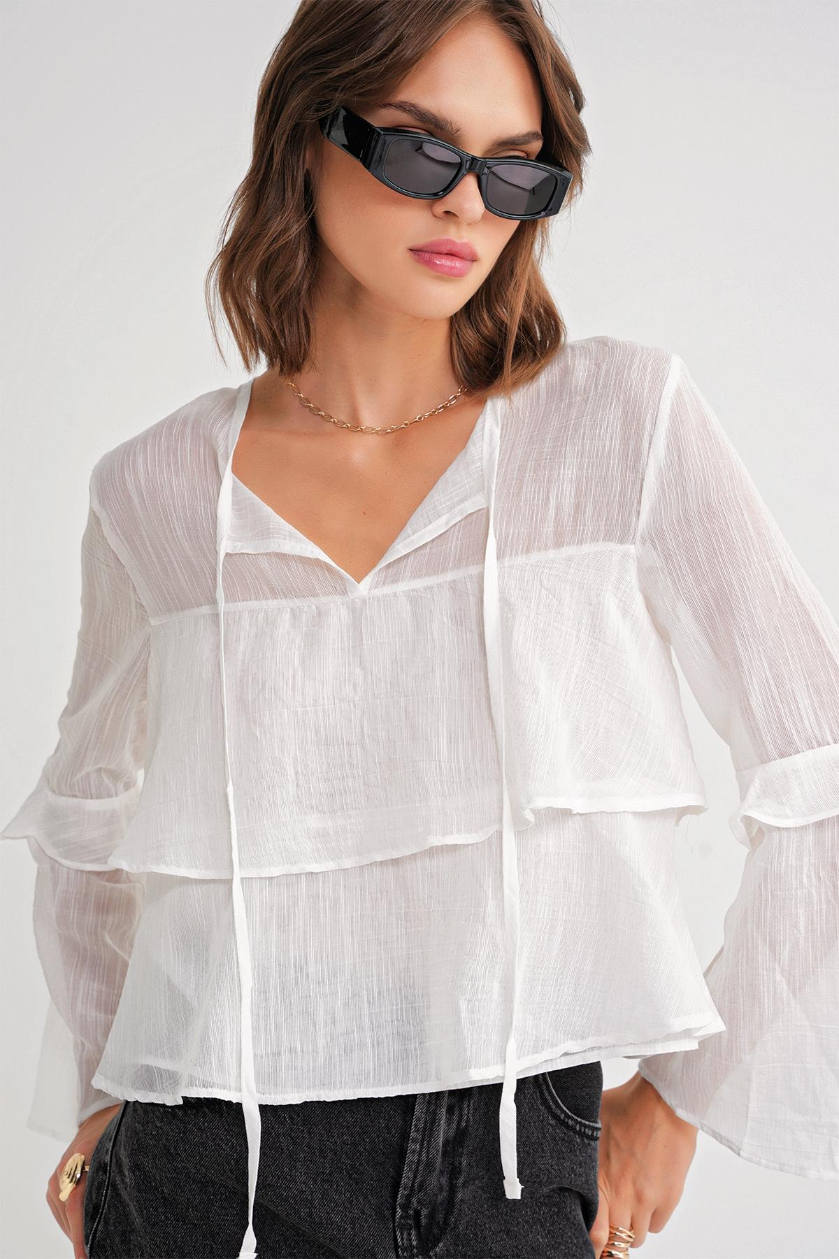 4735 Kadın Uzun Kollu Fırfırlı Bağlamalı Bluz Beyaz
