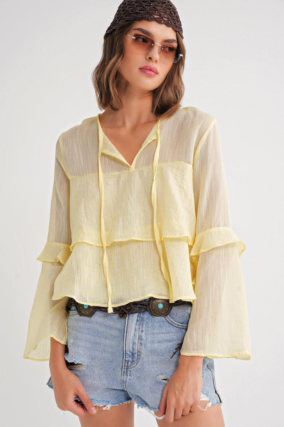 4735 Kadın Uzun Kollu Fırfırlı Bağlamalı Bluz Sarı