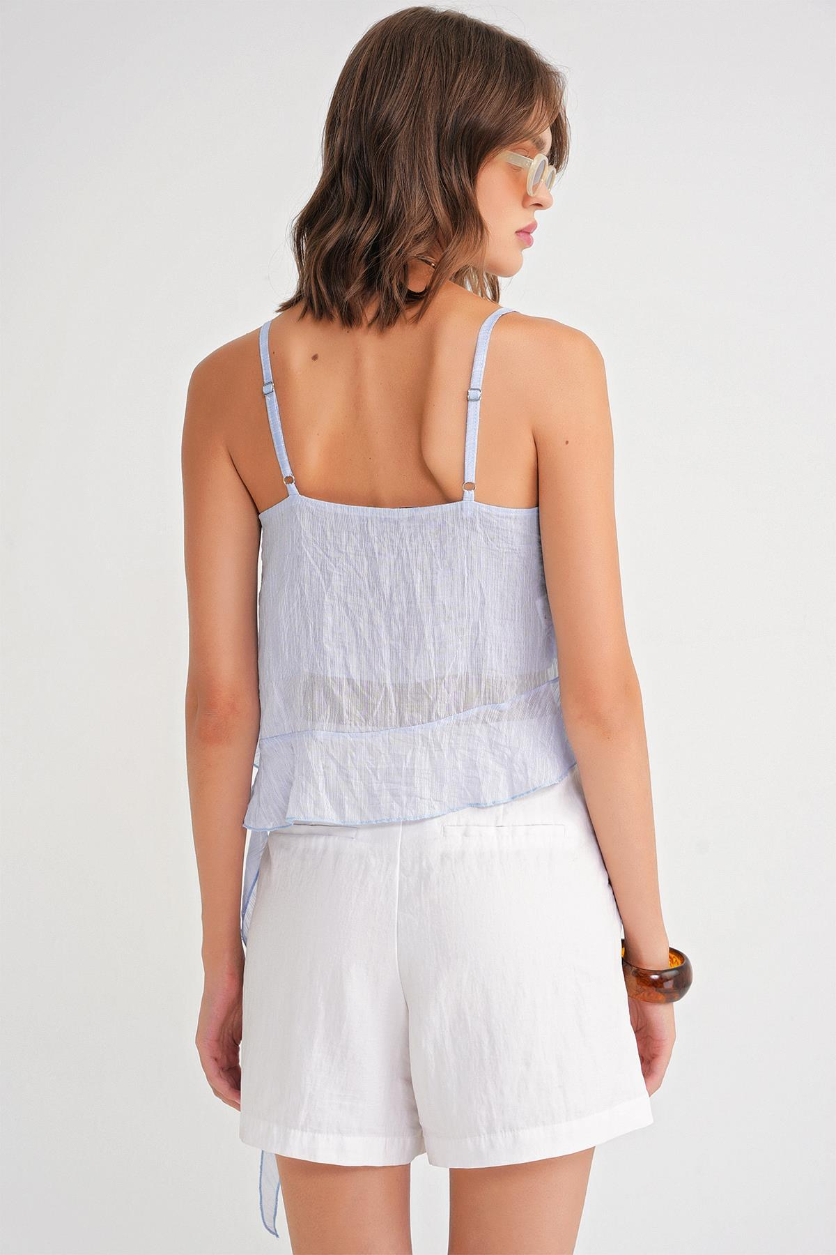 4736 Kadın Fırfırlı Askılı Bluz Bebe Mavi