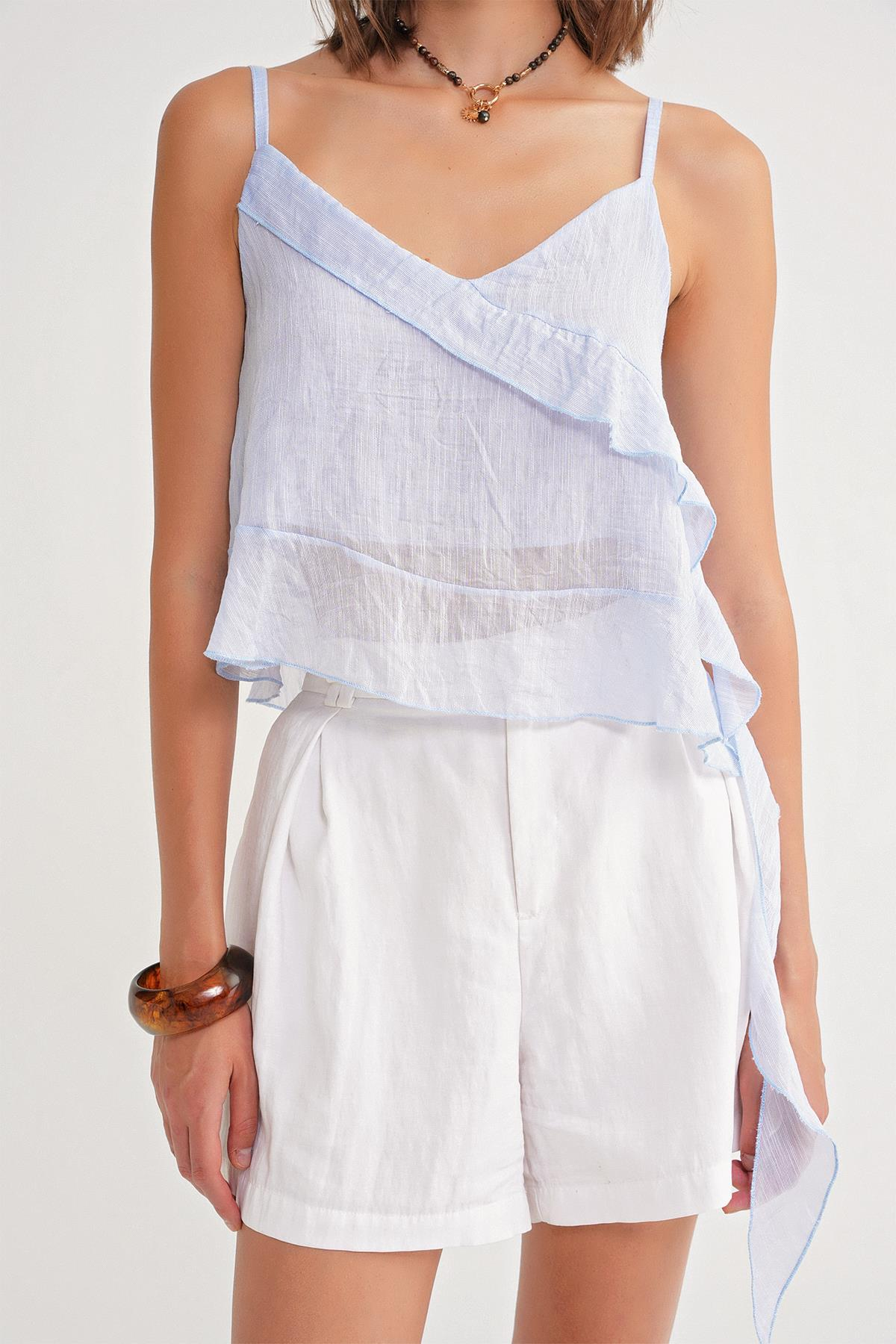 4736 Kadın Fırfırlı Askılı Bluz Bebe Mavi