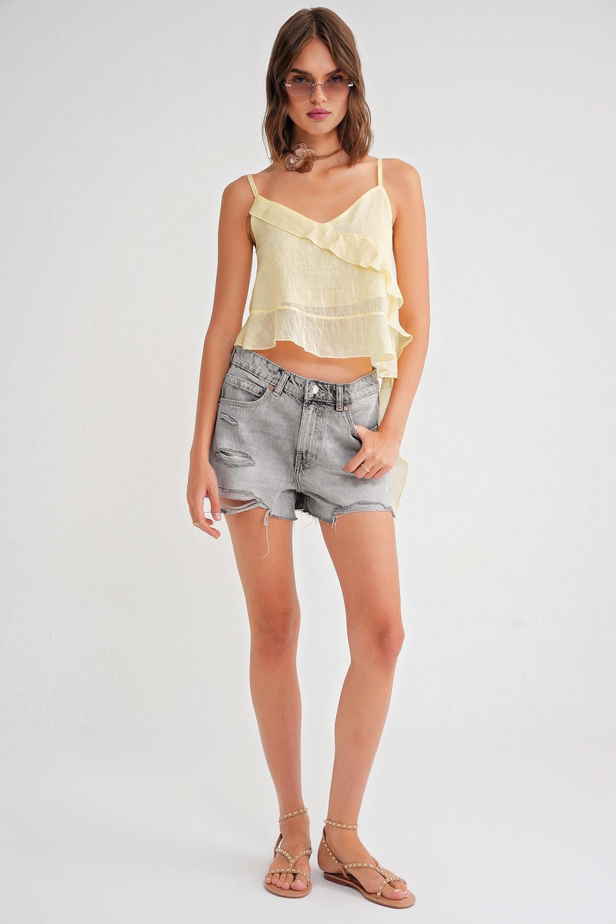 4736 Kadın Fırfırlı Askılı Bluz Sarı