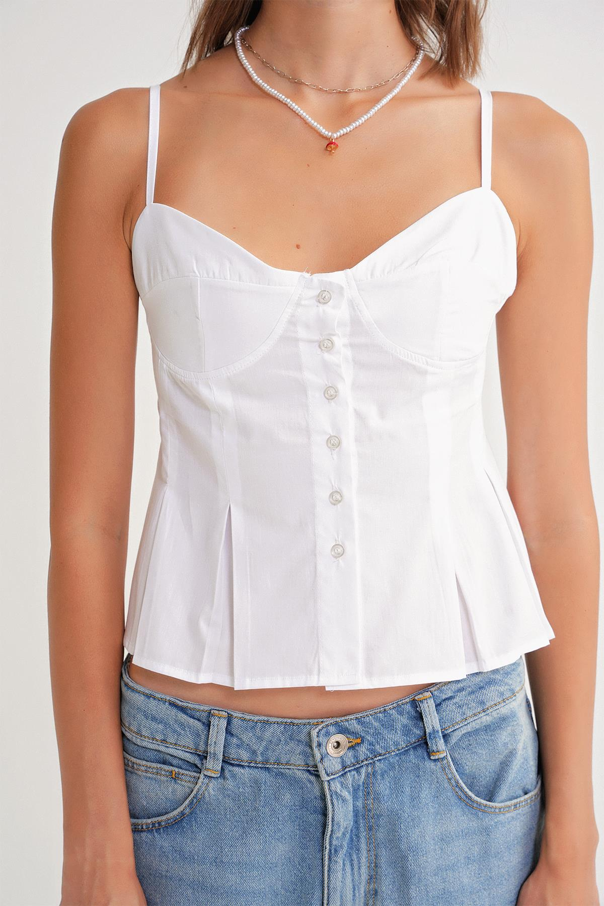 4737 Kadın Düğmeli Kuplu Pileli Bluz Beyaz