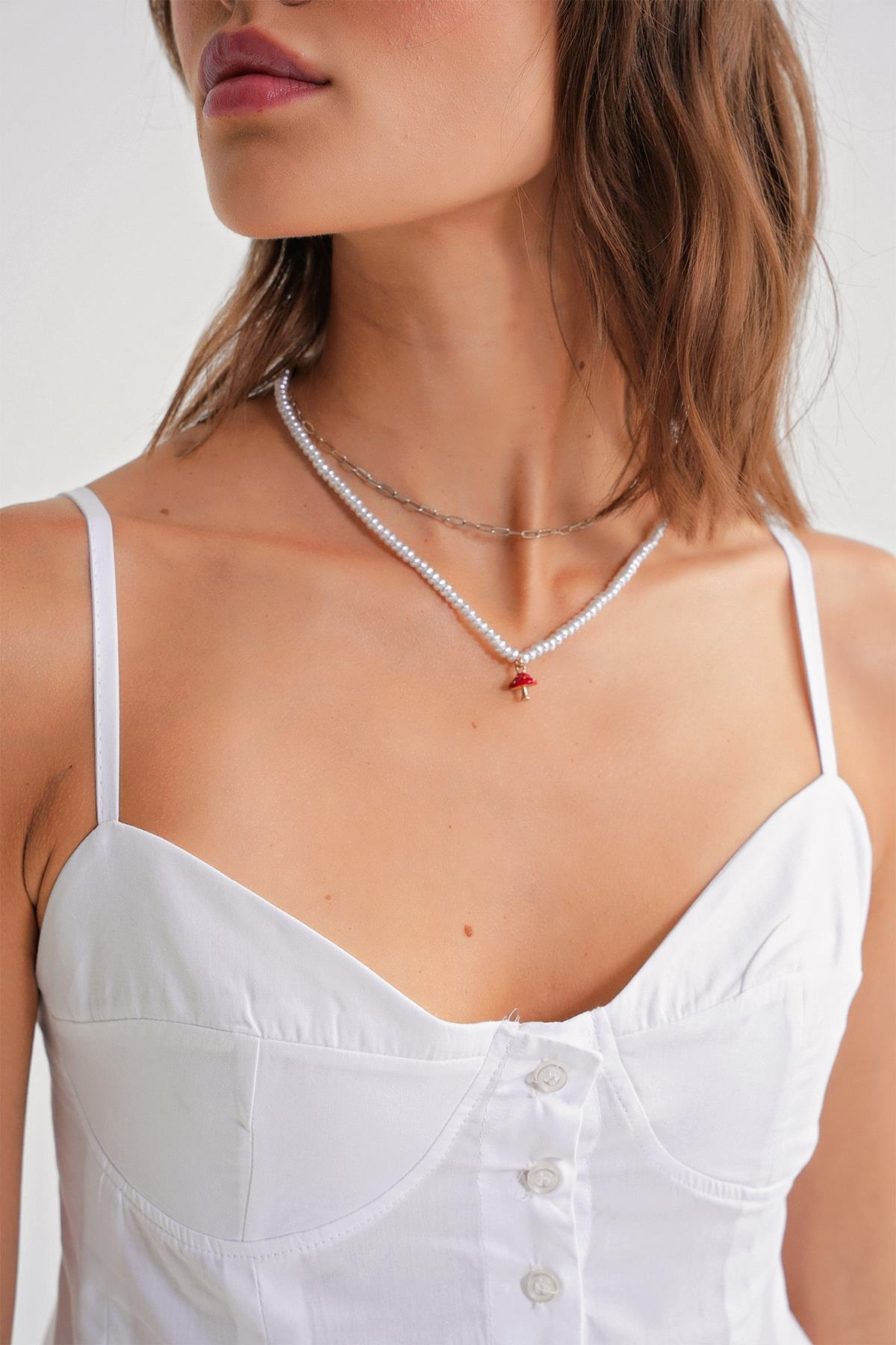 4737 Kadın Düğmeli Kuplu Pileli Bluz Beyaz