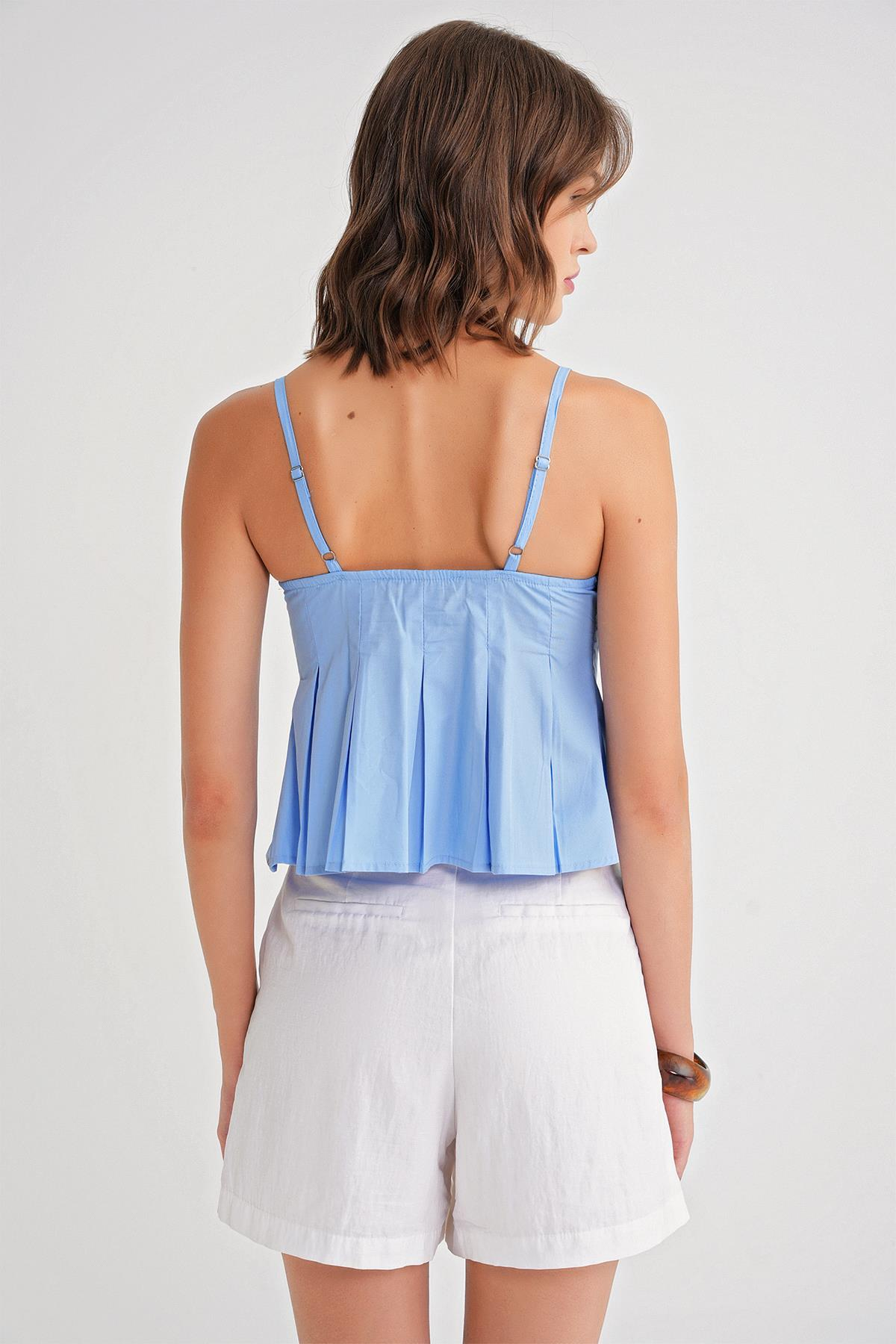 4737 Kadın Düğmeli Kuplu Pileli Bluz Mavi