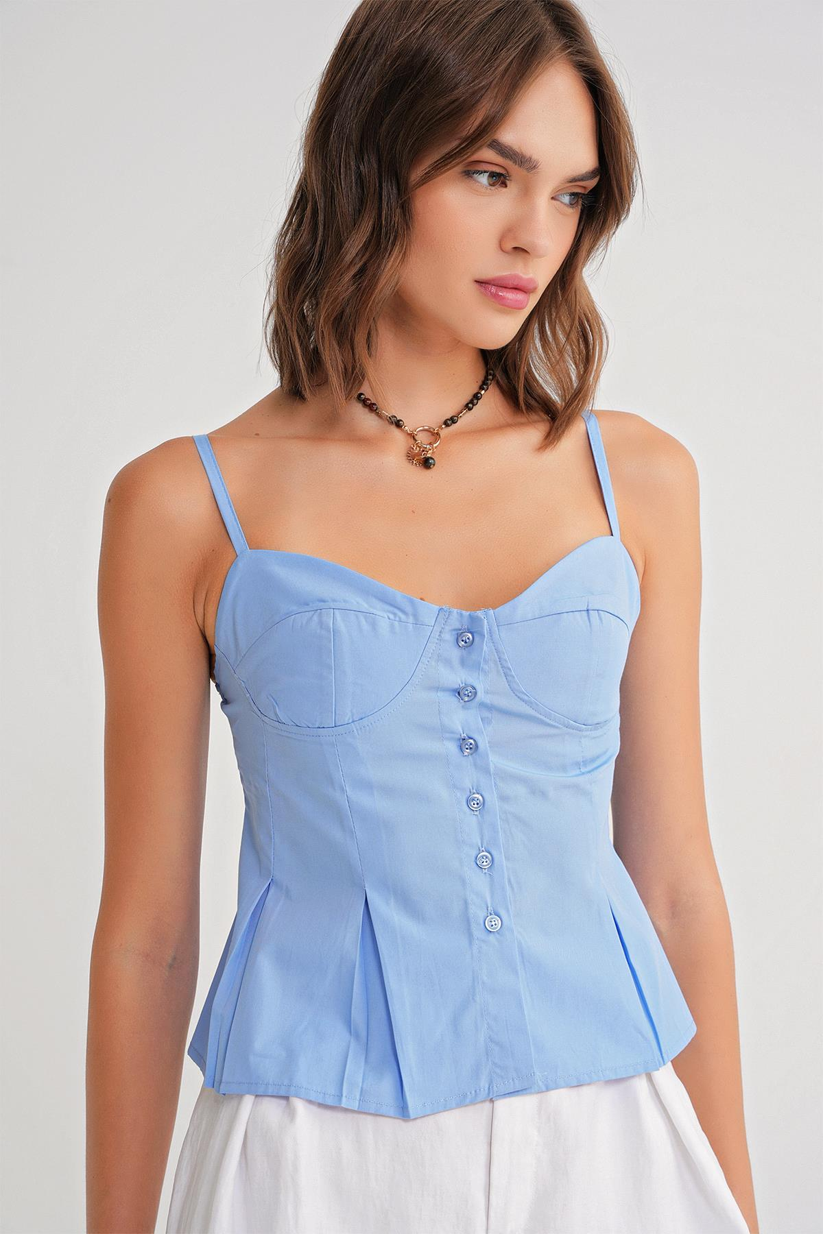 4737 Kadın Düğmeli Kuplu Pileli Bluz Mavi