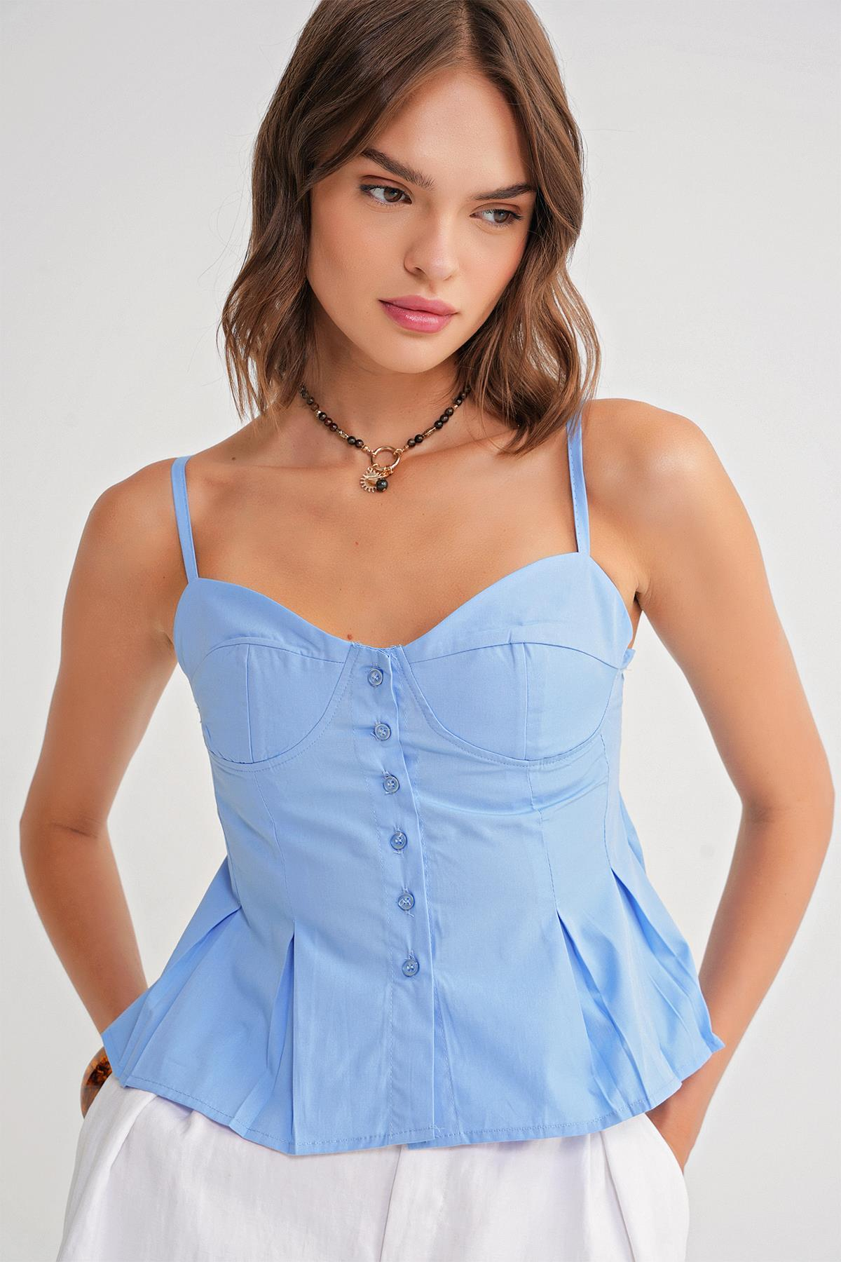 4737 Kadın Düğmeli Kuplu Pileli Bluz Mavi