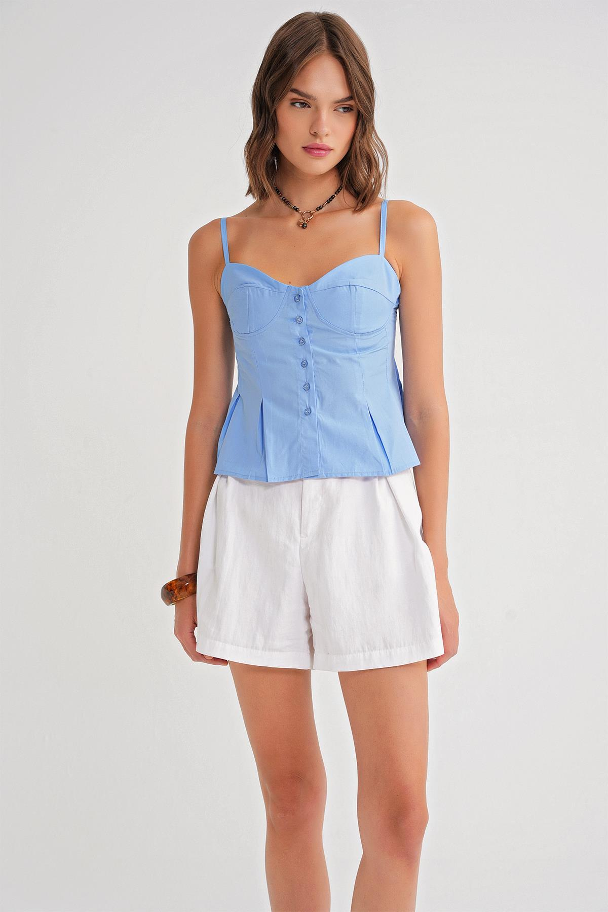 4737 Kadın Düğmeli Kuplu Pileli Bluz Mavi