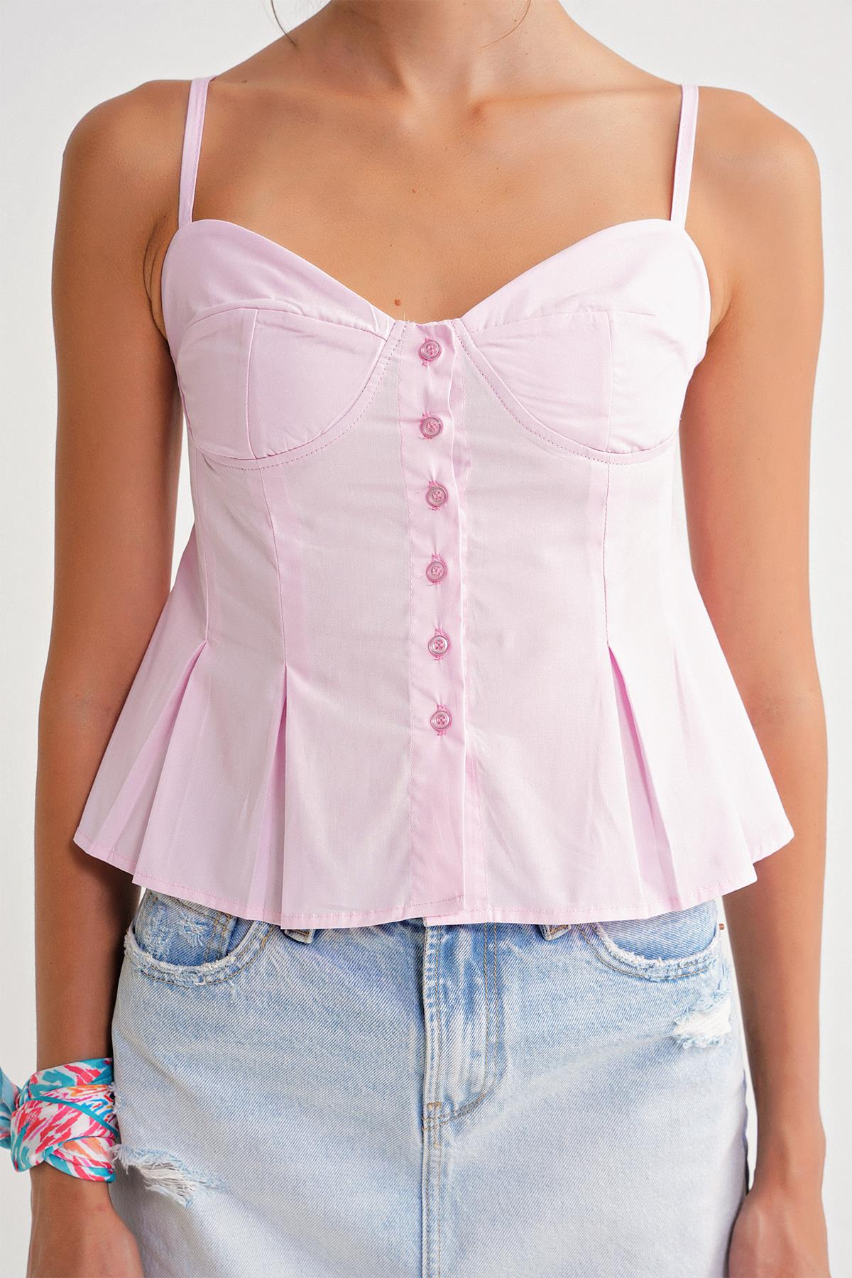 4737 Kadın Düğmeli Kuplu Pileli Bluz Pembe