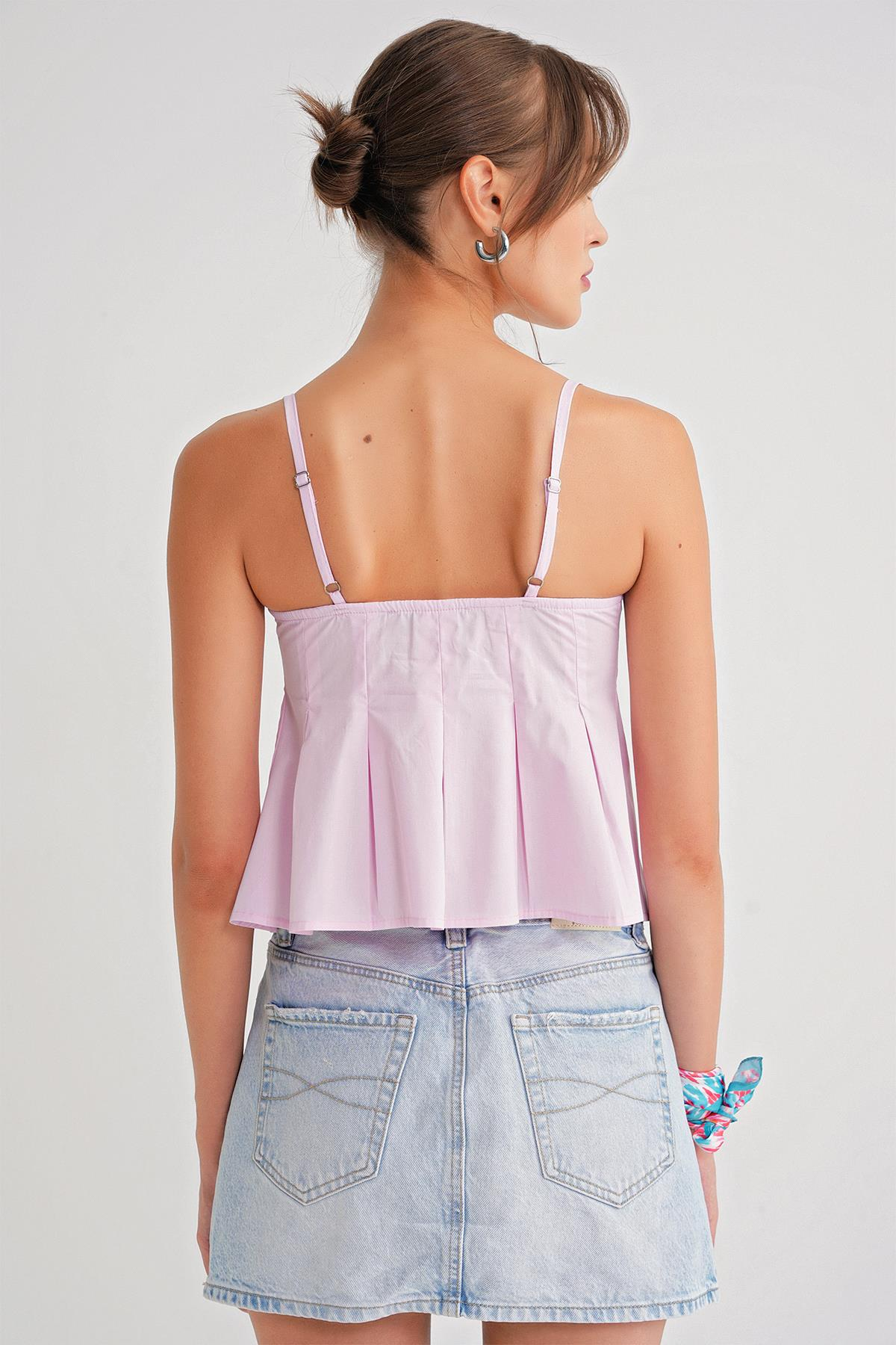 4737 Kadın Düğmeli Kuplu Pileli Bluz Pembe