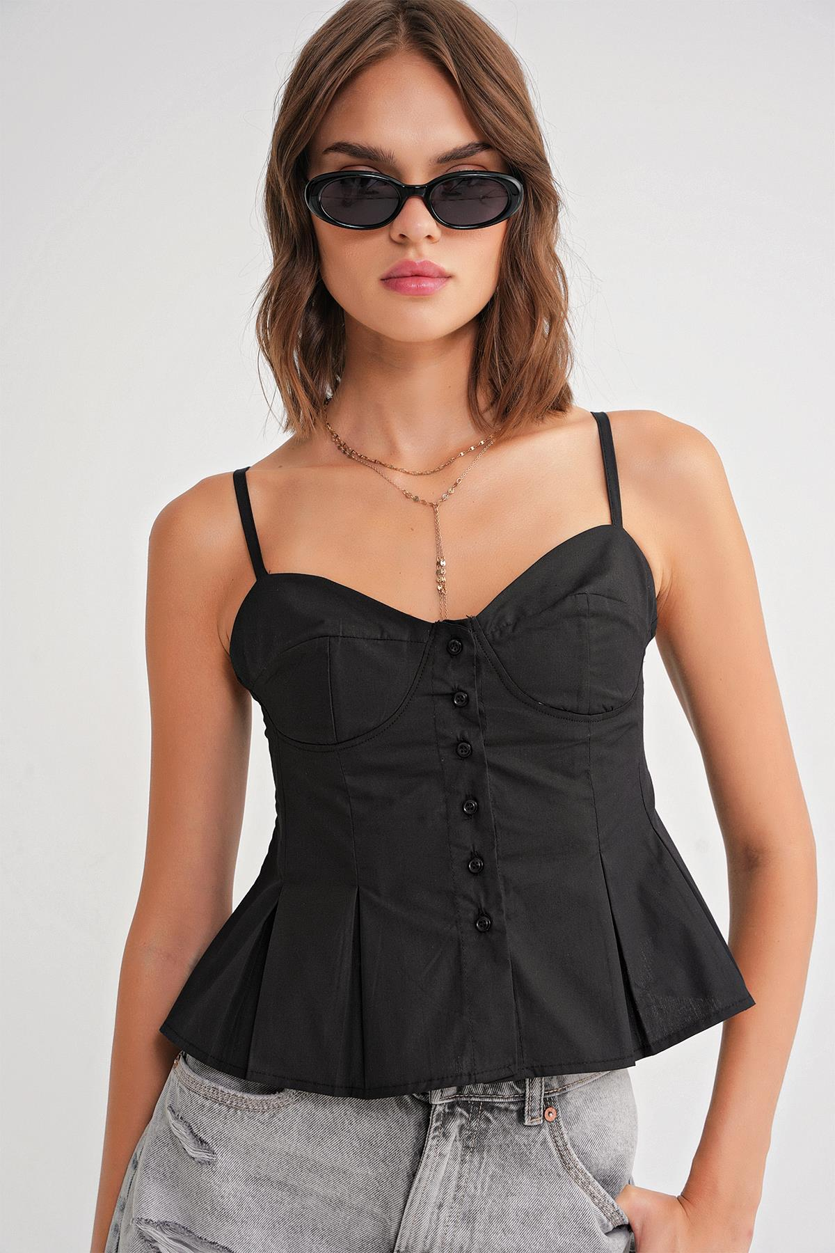 4737 Kadın Düğmeli Kuplu Pileli Bluz Siyah