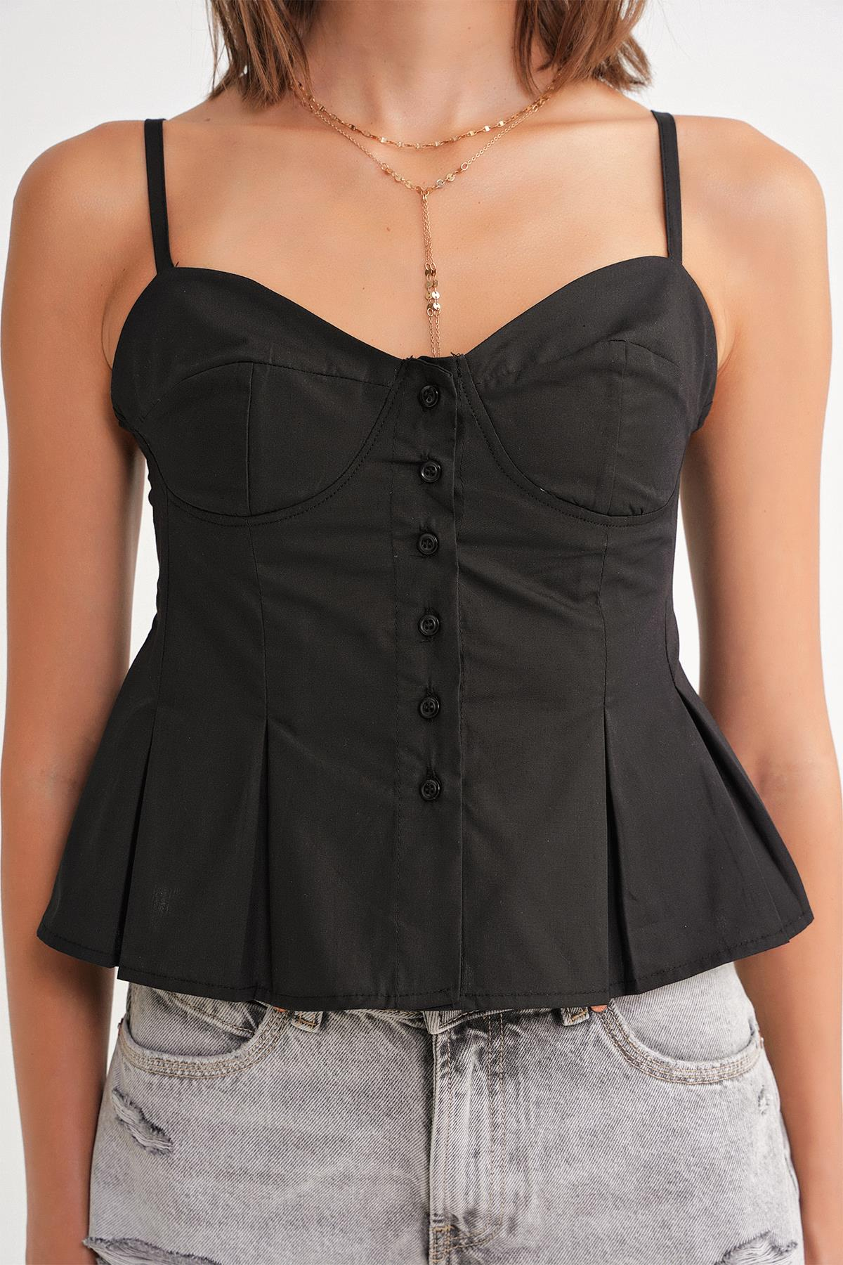 4737 Kadın Düğmeli Kuplu Pileli Bluz Siyah