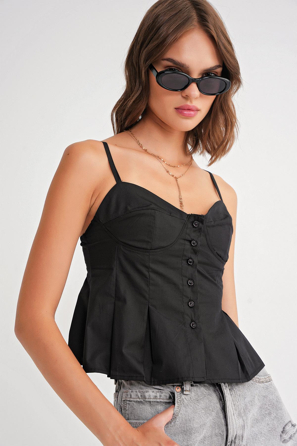 4737 Kadın Düğmeli Kuplu Pileli Bluz Siyah