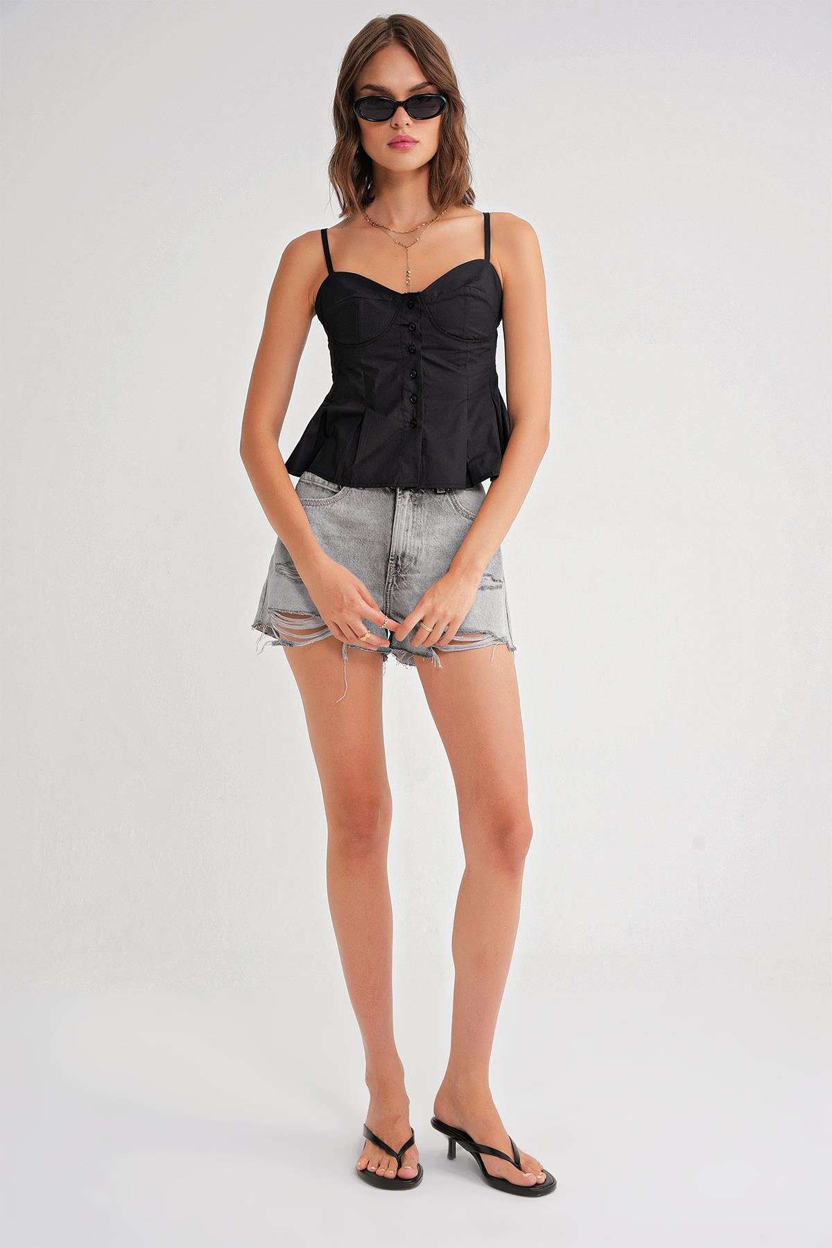 4737 Kadın Düğmeli Kuplu Pileli Bluz Siyah