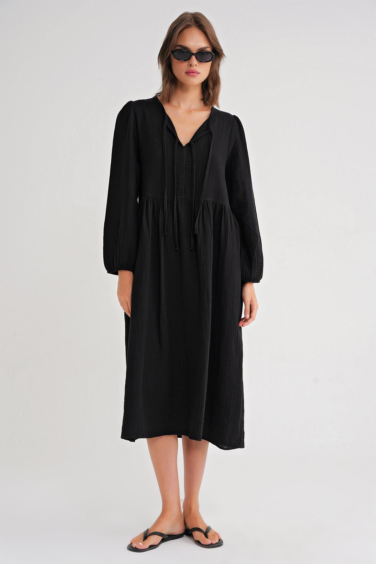 4739 Kadın Yakası Bağlamalı Müslin Midi Elbise Siyah