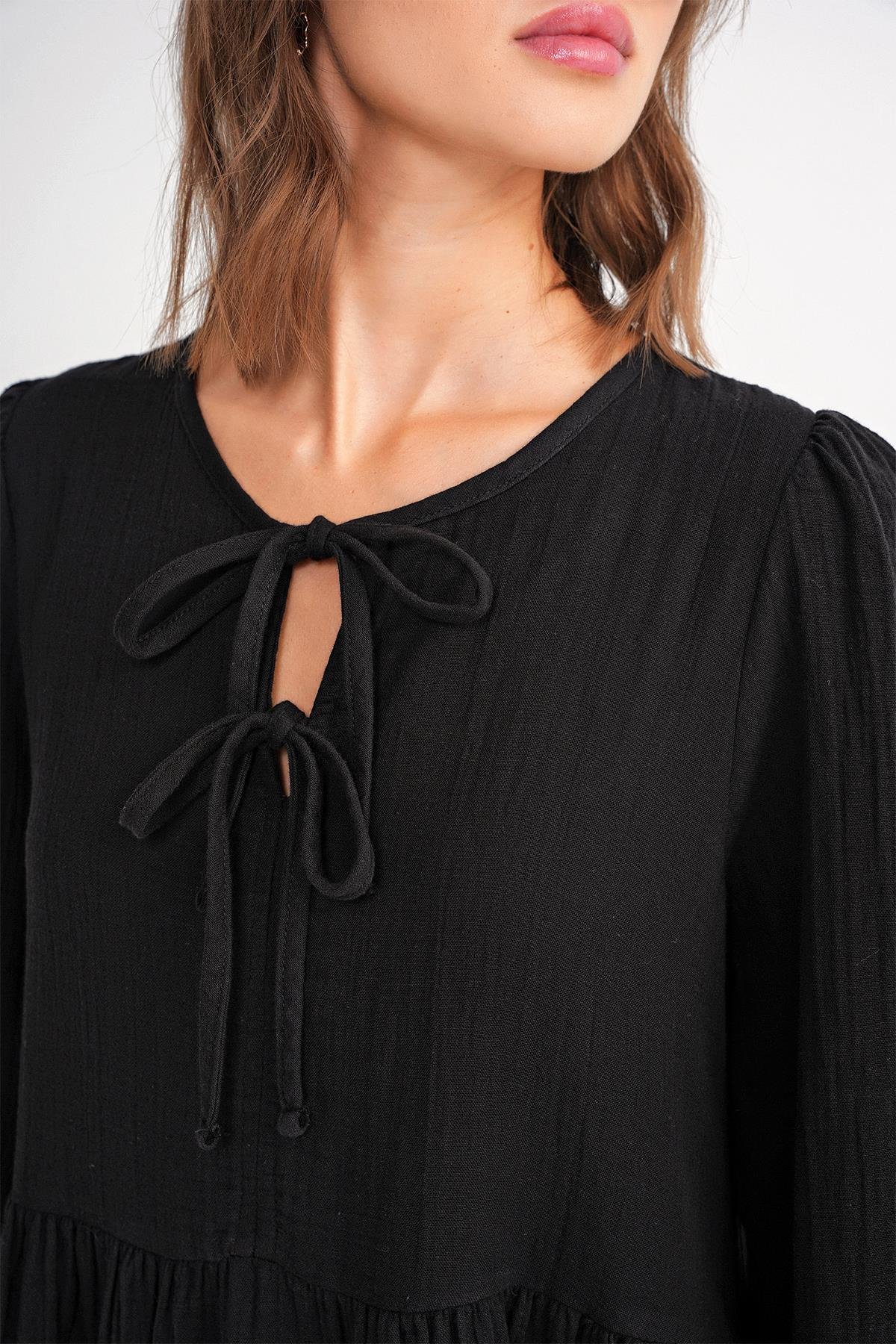 4739 Kadın Yakası Bağlamalı Müslin Midi Elbise Siyah