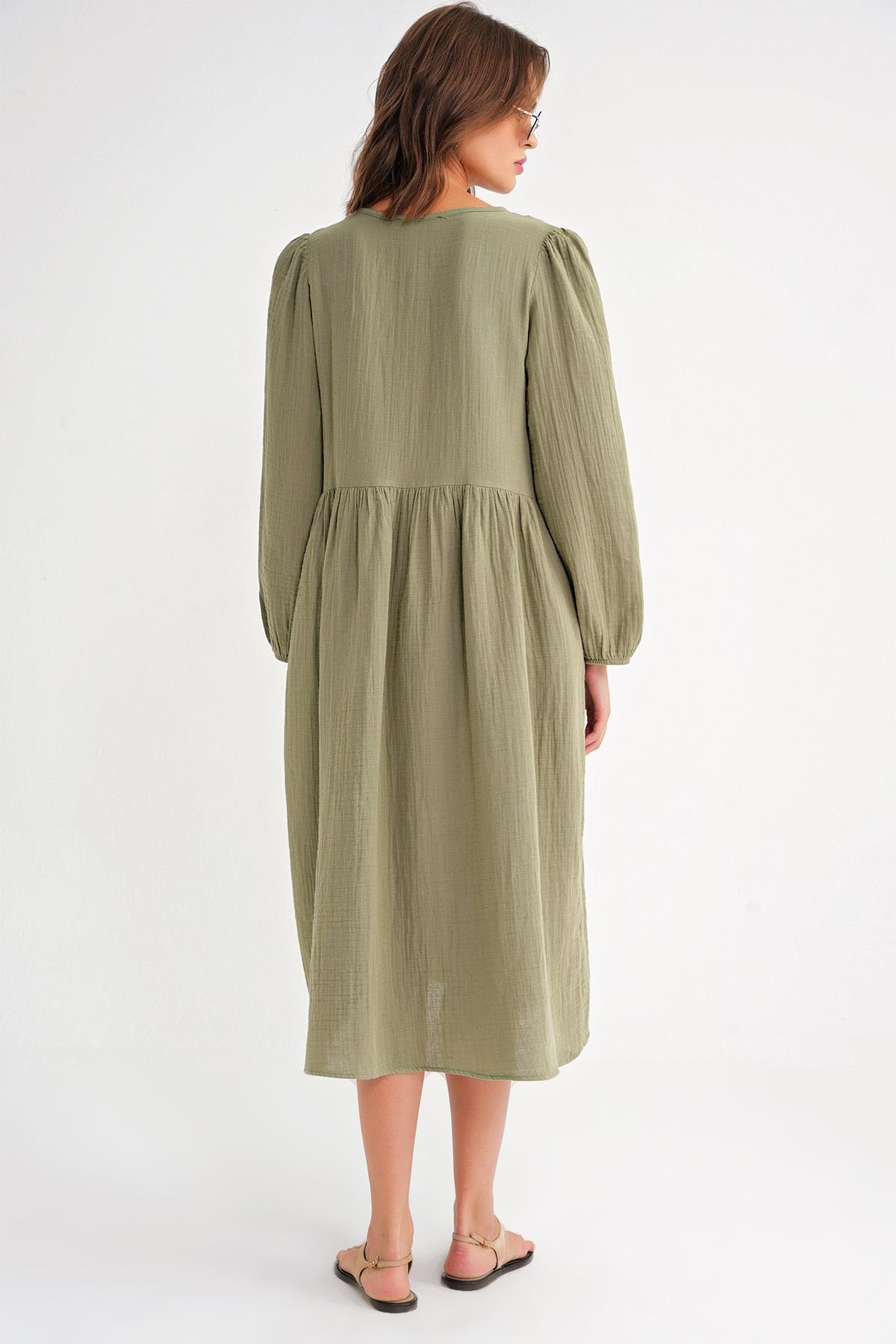 4739 Kadın Yakası Bağlamalı Müslin Midi Elbise Çağla