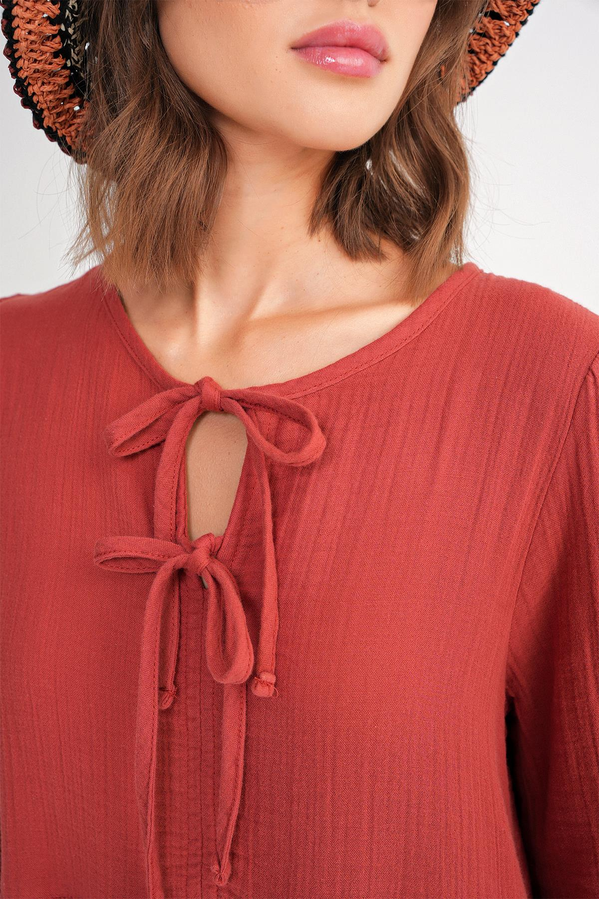 4739 Kadın Yakası Bağlamalı Müslin Midi Elbise Kiremit