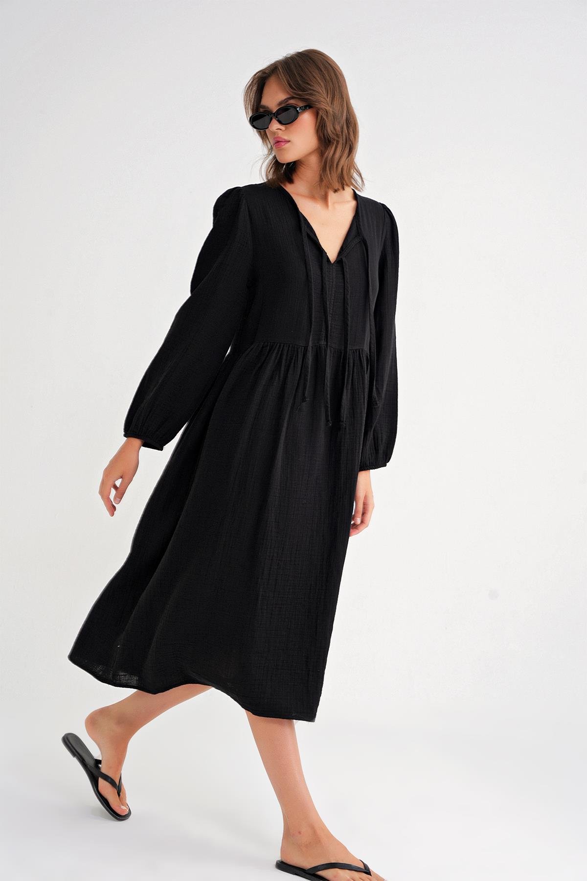 4739 Kadın Yakası Bağlamalı Müslin Midi Elbise Siyah