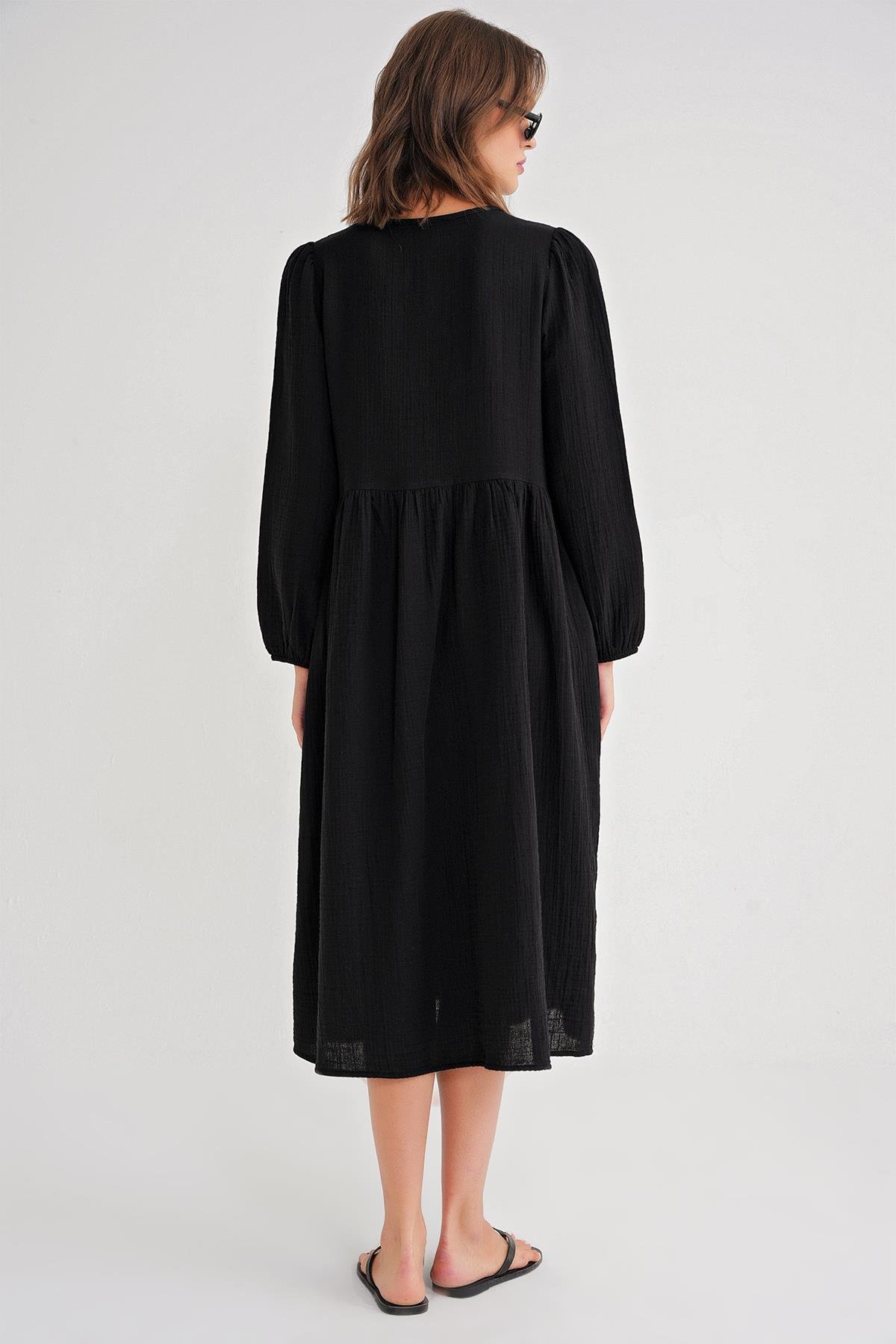 4739 Kadın Yakası Bağlamalı Müslin Midi Elbise Siyah