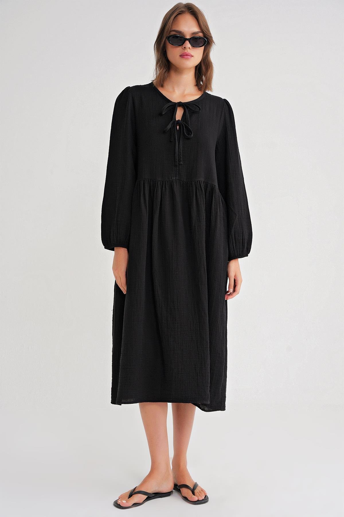 4739 Kadın Yakası Bağlamalı Müslin Midi Elbise Siyah