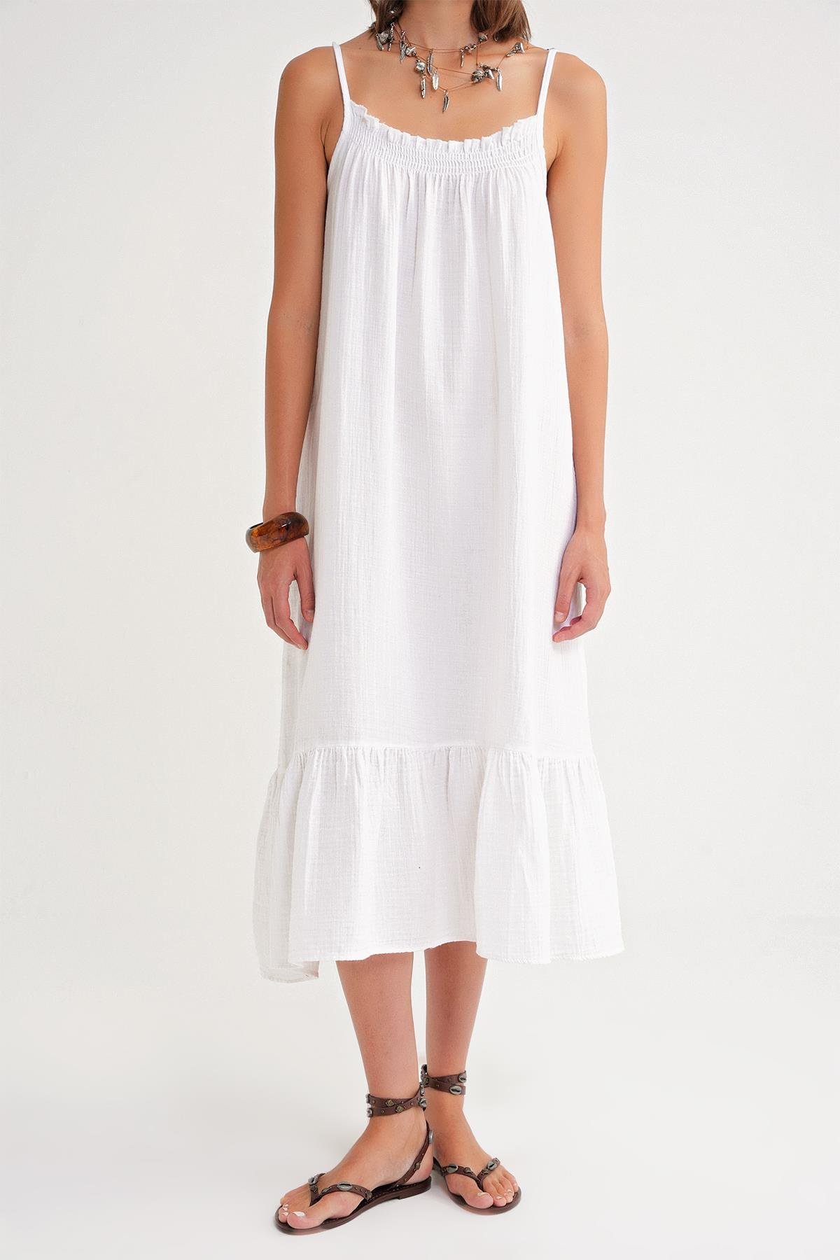 4740 Kadın Askılı Müslin Midi Elbise Beyaz