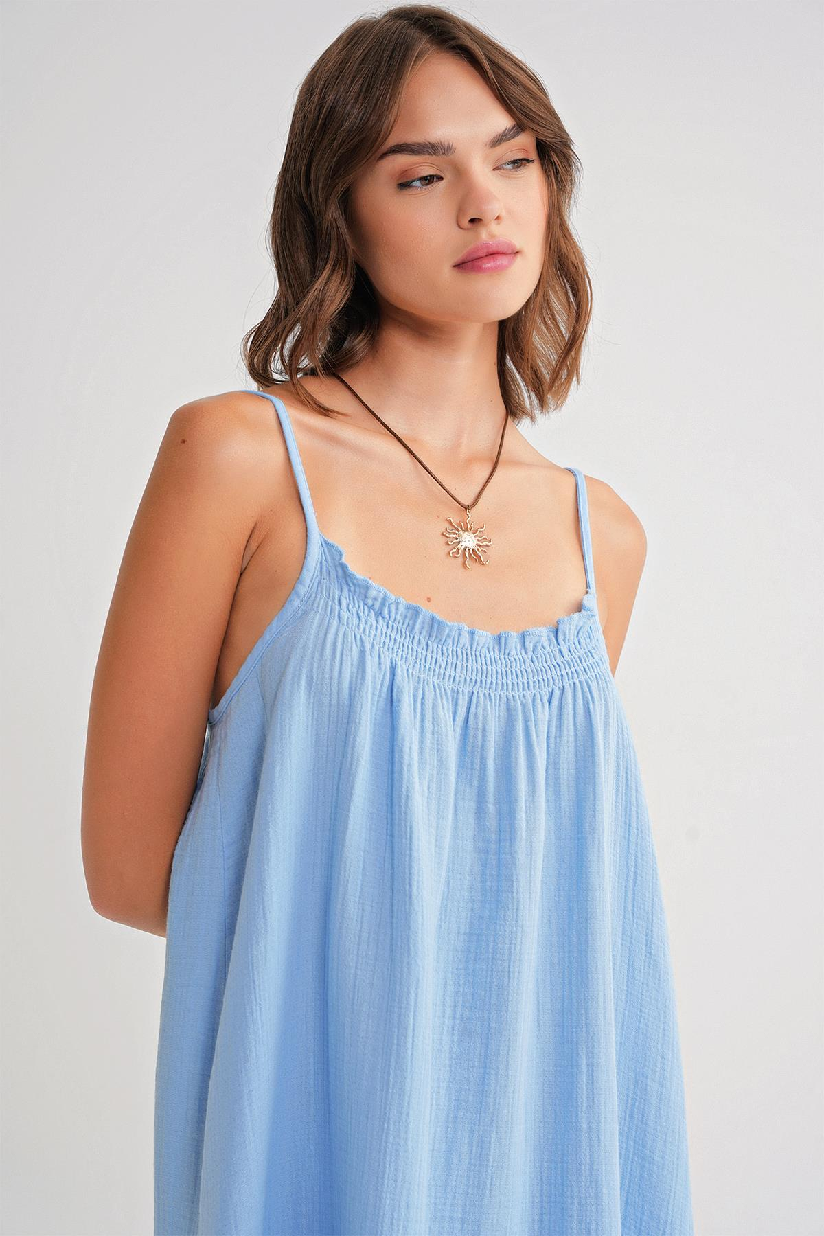 4740 Kadın Askılı Müslin Midi Elbise Bebe Mavi