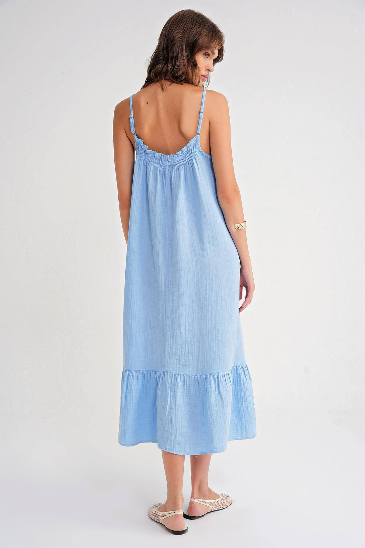 4740 Kadın Askılı Müslin Midi Elbise Bebe Mavi
