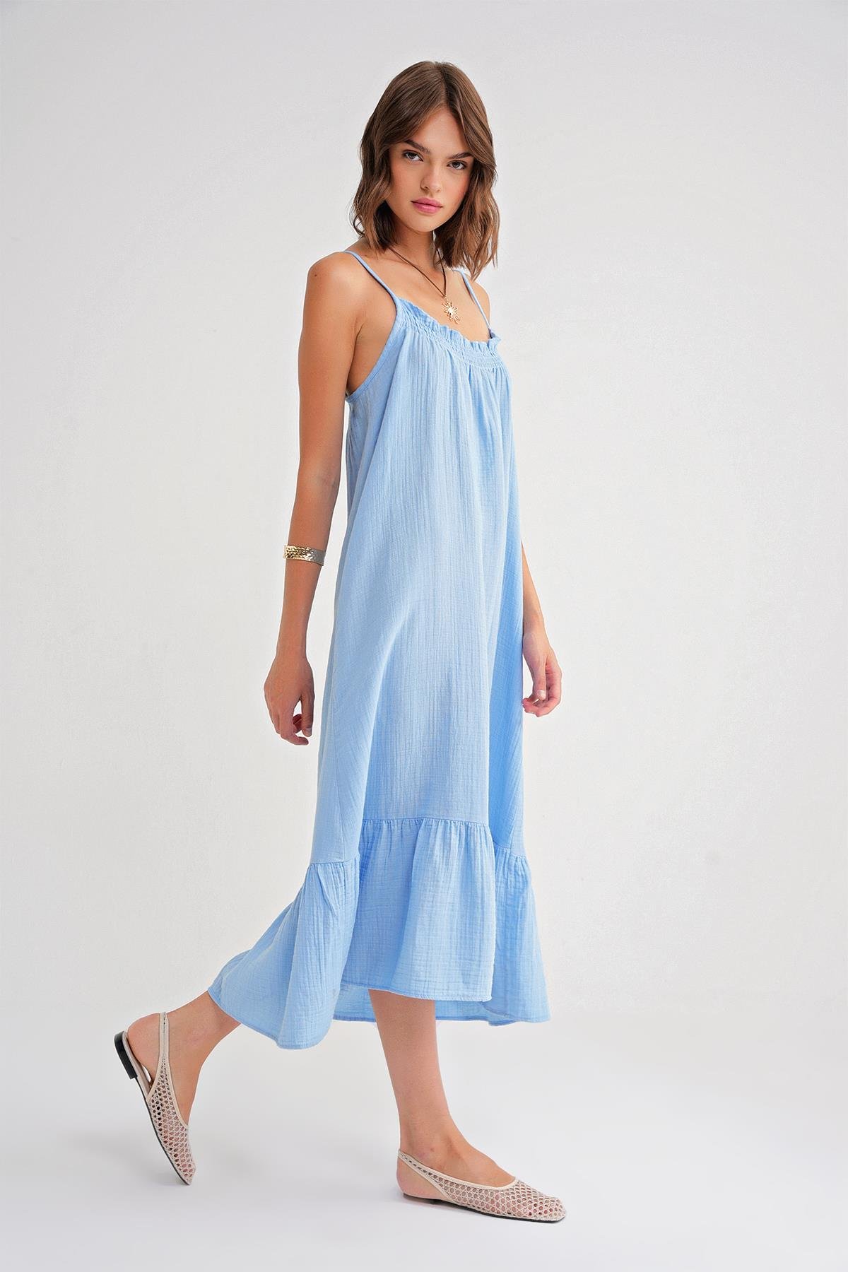 4740 Kadın Askılı Müslin Midi Elbise Bebe Mavi