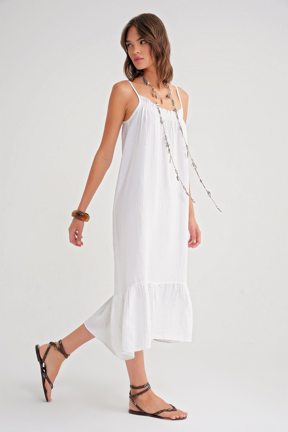 4740 Kadın Askılı Müslin Midi Elbise Beyaz
