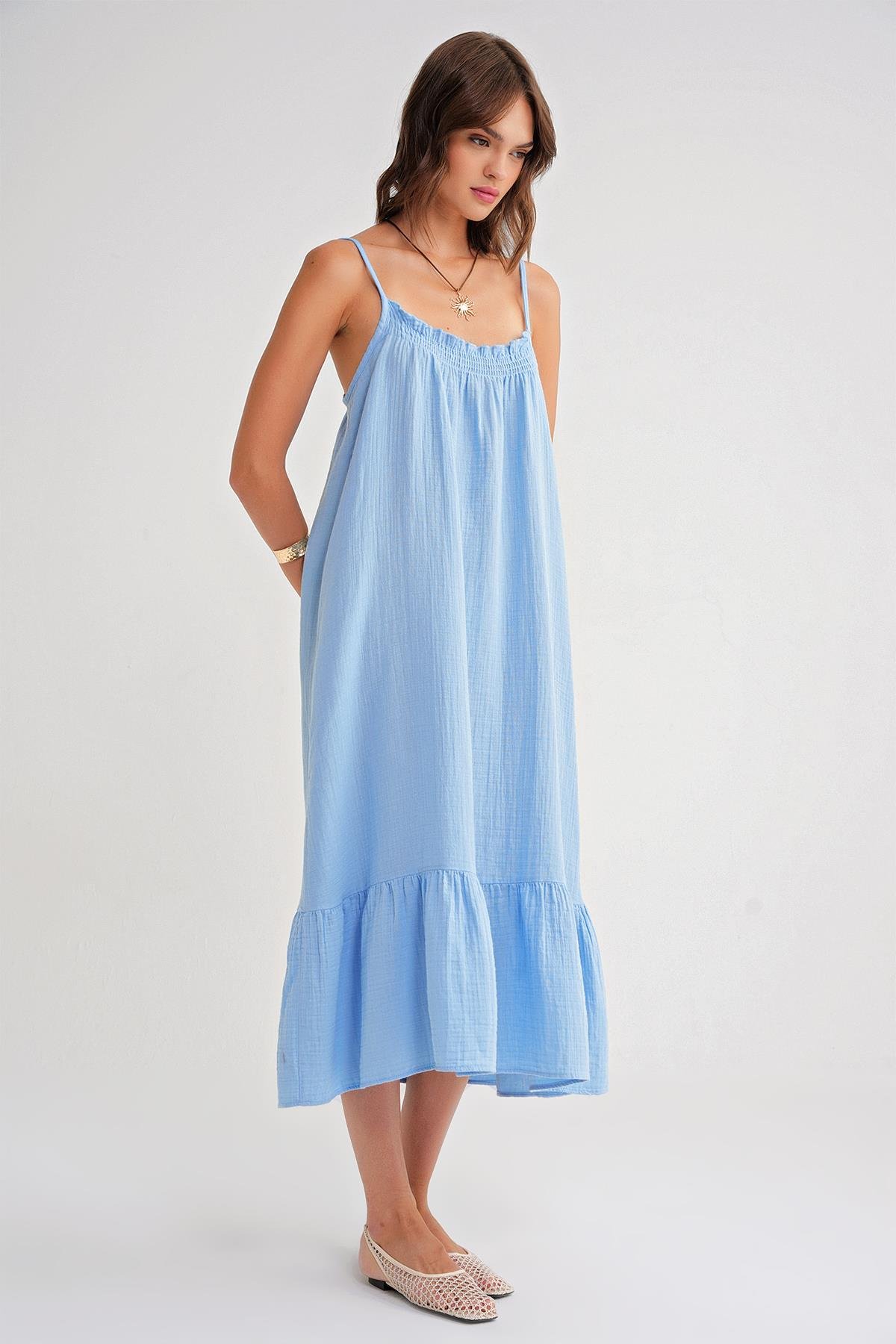 4740 Kadın Askılı Müslin Midi Elbise Bebe Mavi