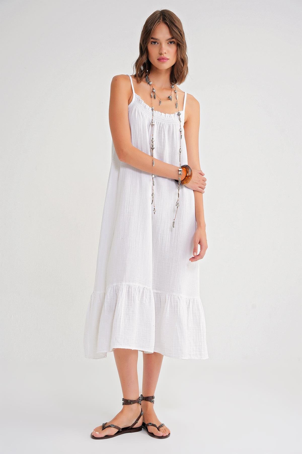 4740 Kadın Askılı Müslin Midi Elbise Beyaz