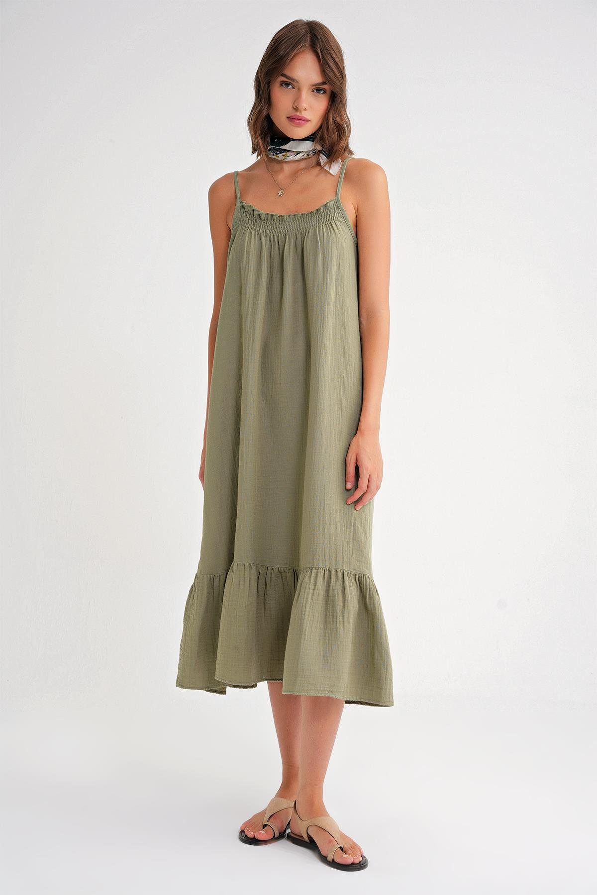 4740 Kadın Askılı Müslin Midi Elbise Çağla