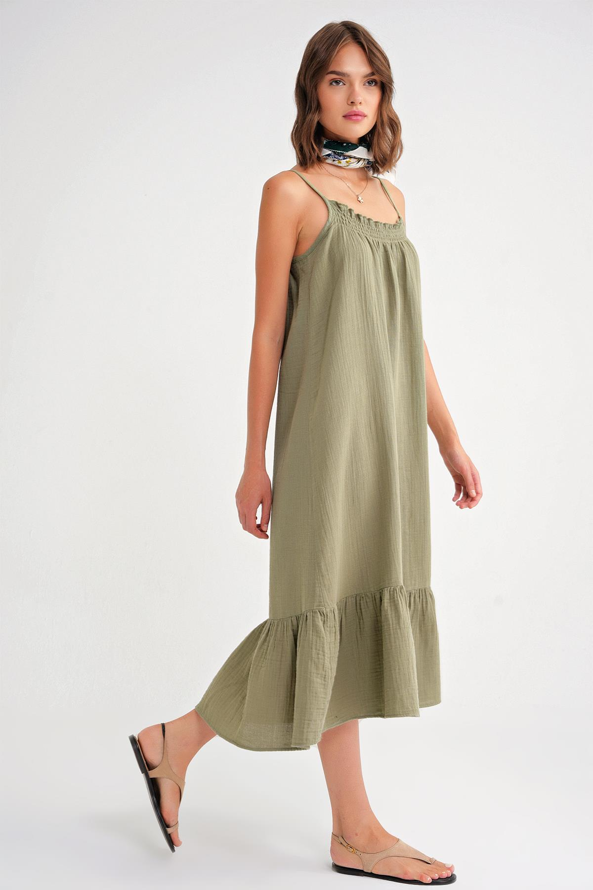 4740 Kadın Askılı Müslin Midi Elbise Çağla