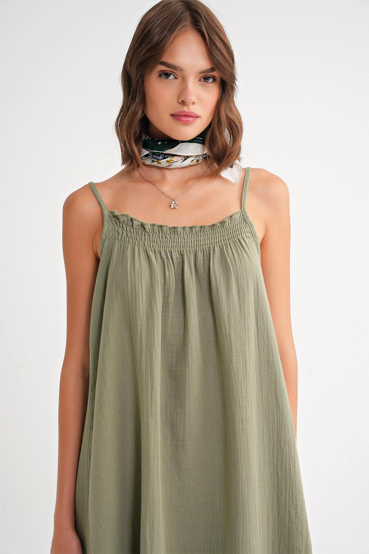 4740 Kadın Askılı Müslin Midi Elbise Çağla