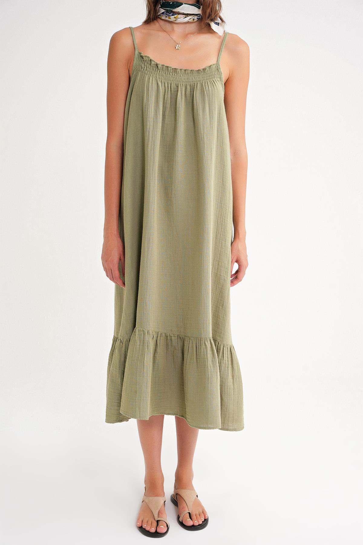 4740 Kadın Askılı Müslin Midi Elbise Çağla