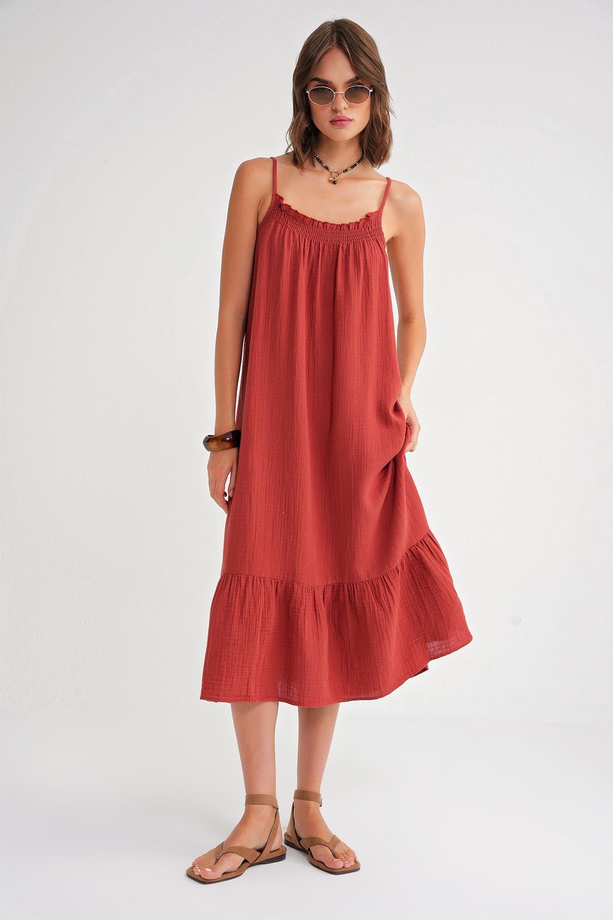 4740 Kadın Askılı Müslin Midi Elbise Kiremit