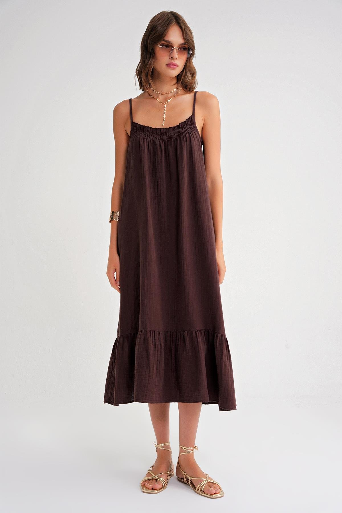 4740 Kadın Askılı Müslin Midi Elbise Kahve