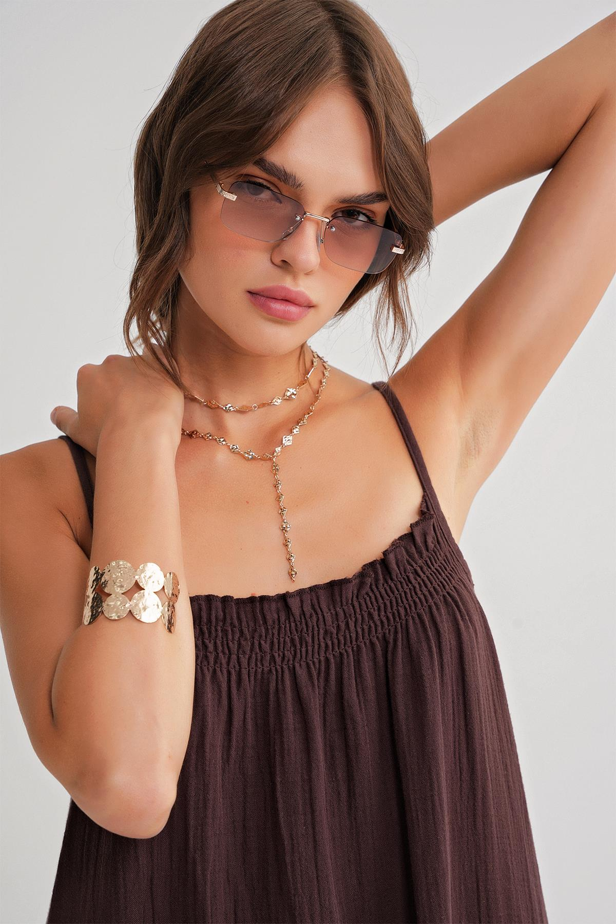 4740 Kadın Askılı Müslin Midi Elbise Kahve