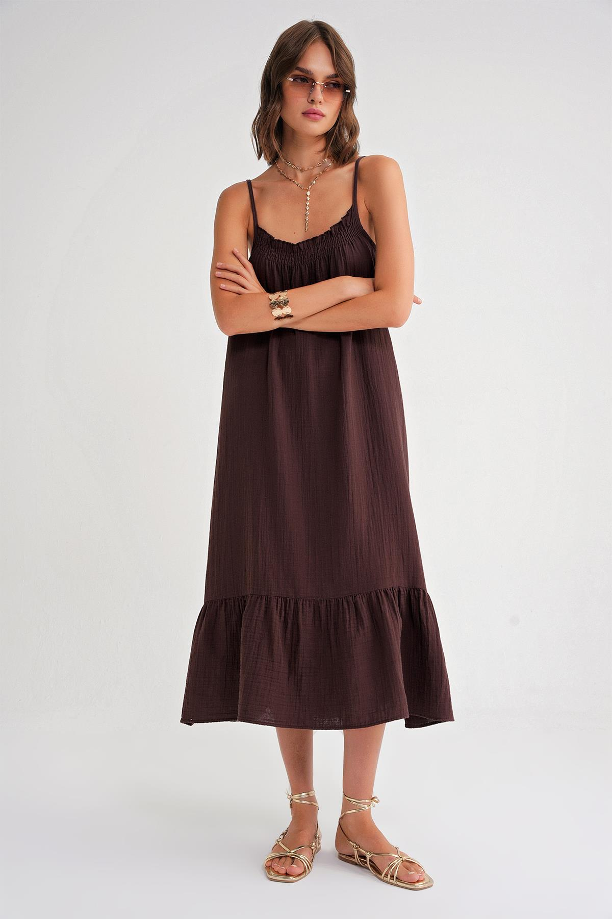 4740 Kadın Askılı Müslin Midi Elbise Kahve