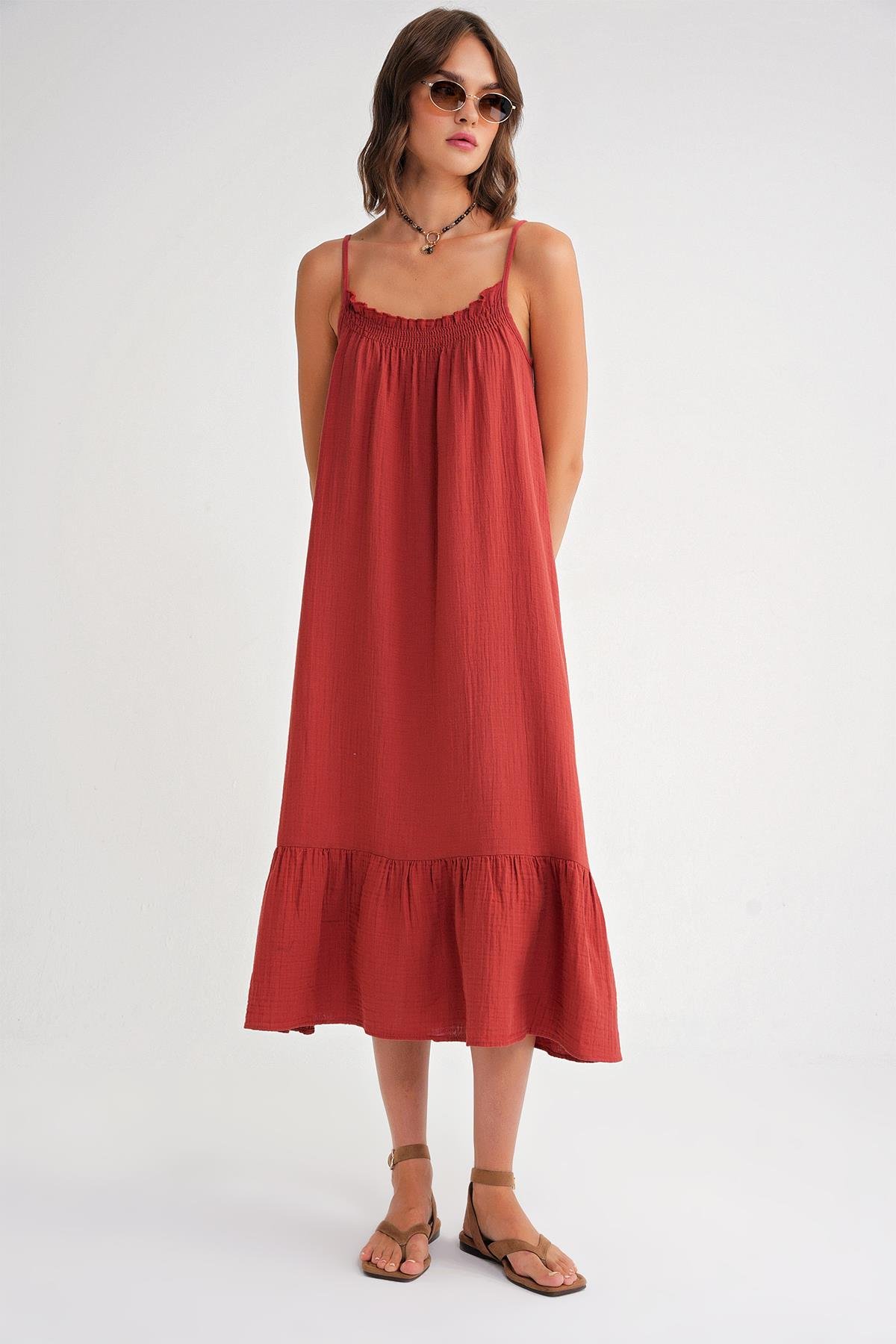 4740 Kadın Askılı Müslin Midi Elbise Kiremit