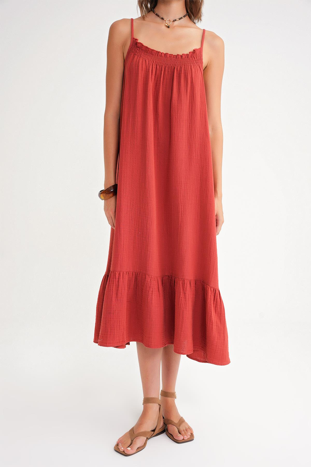 4740 Kadın Askılı Müslin Midi Elbise Kiremit